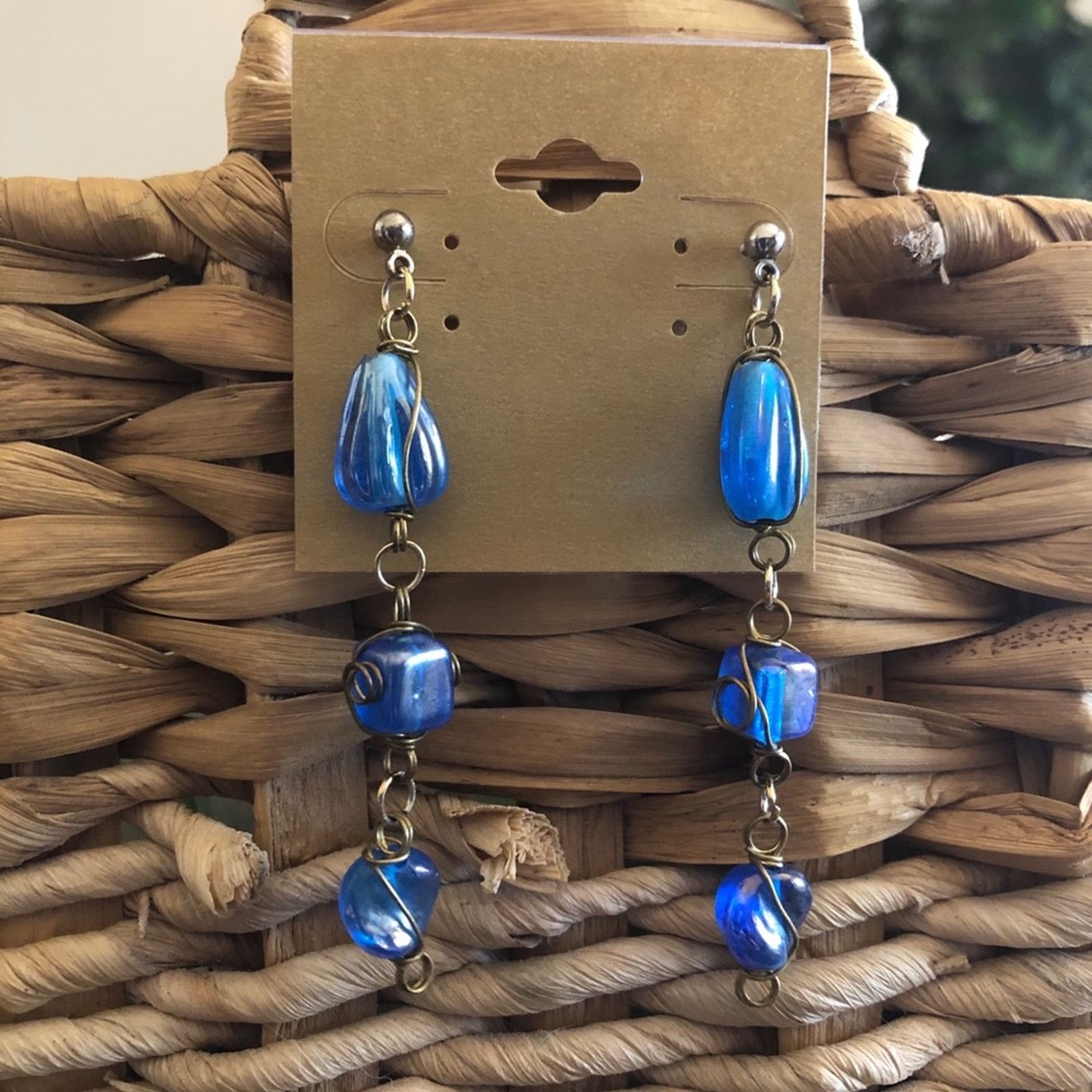 Vintage Vintage wired blue glass dangle pierced earrings Size ONE SIZE - 1 Thumbnail