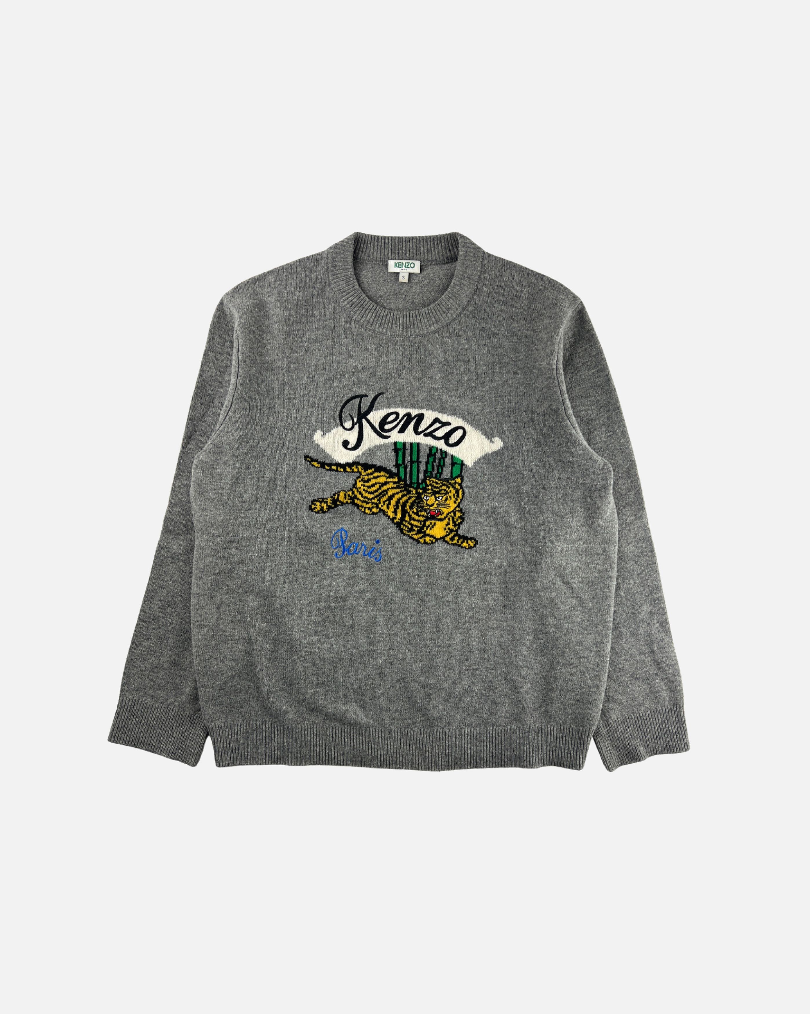 image of Kenzo Embroidered Tiger Logo Knit Sweater in Grey, Men's (Size Small)