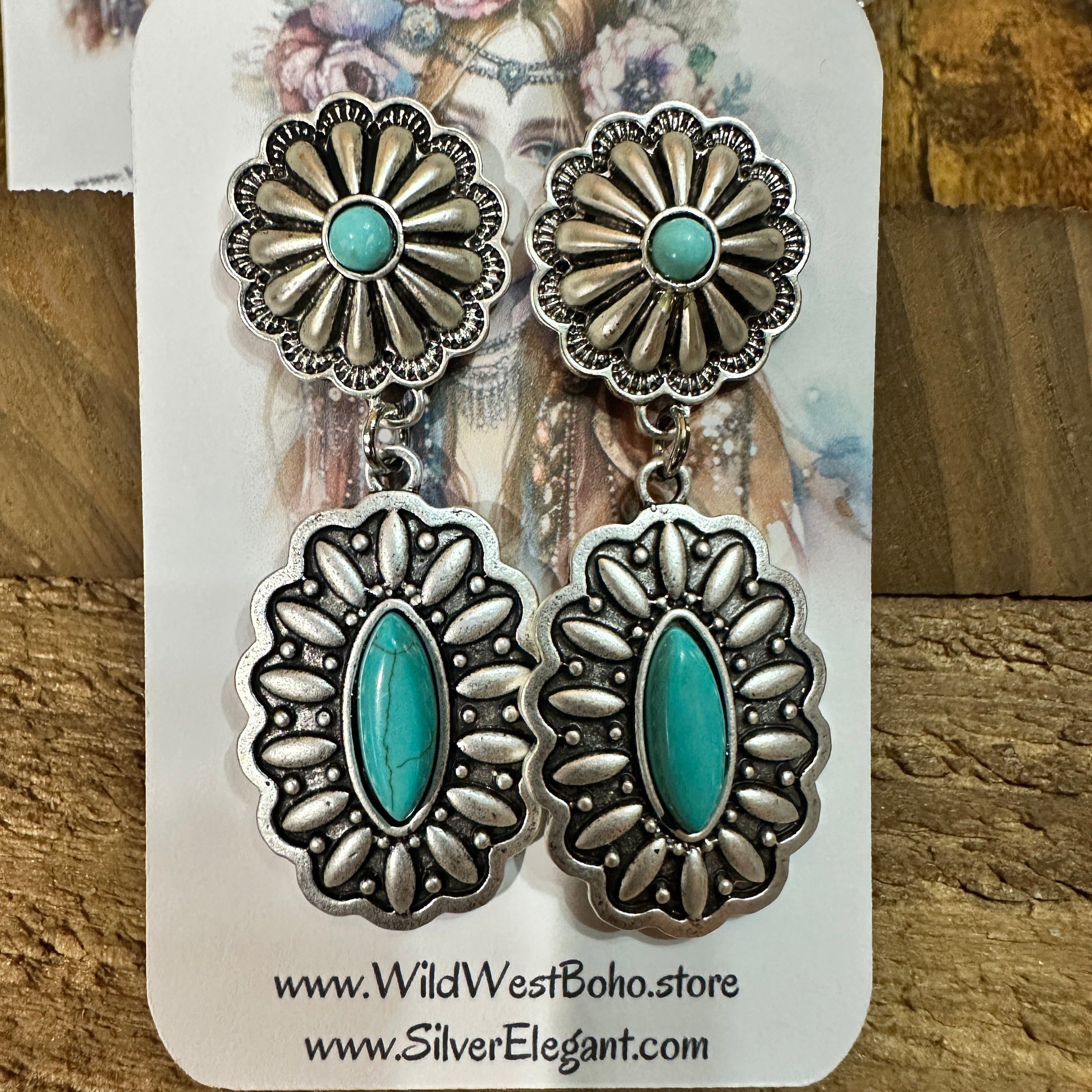 Other Concho Turquoise Brass Post Earrings 2.2 Inches Long Antique Size ONE SIZE - 8 Thumbnail