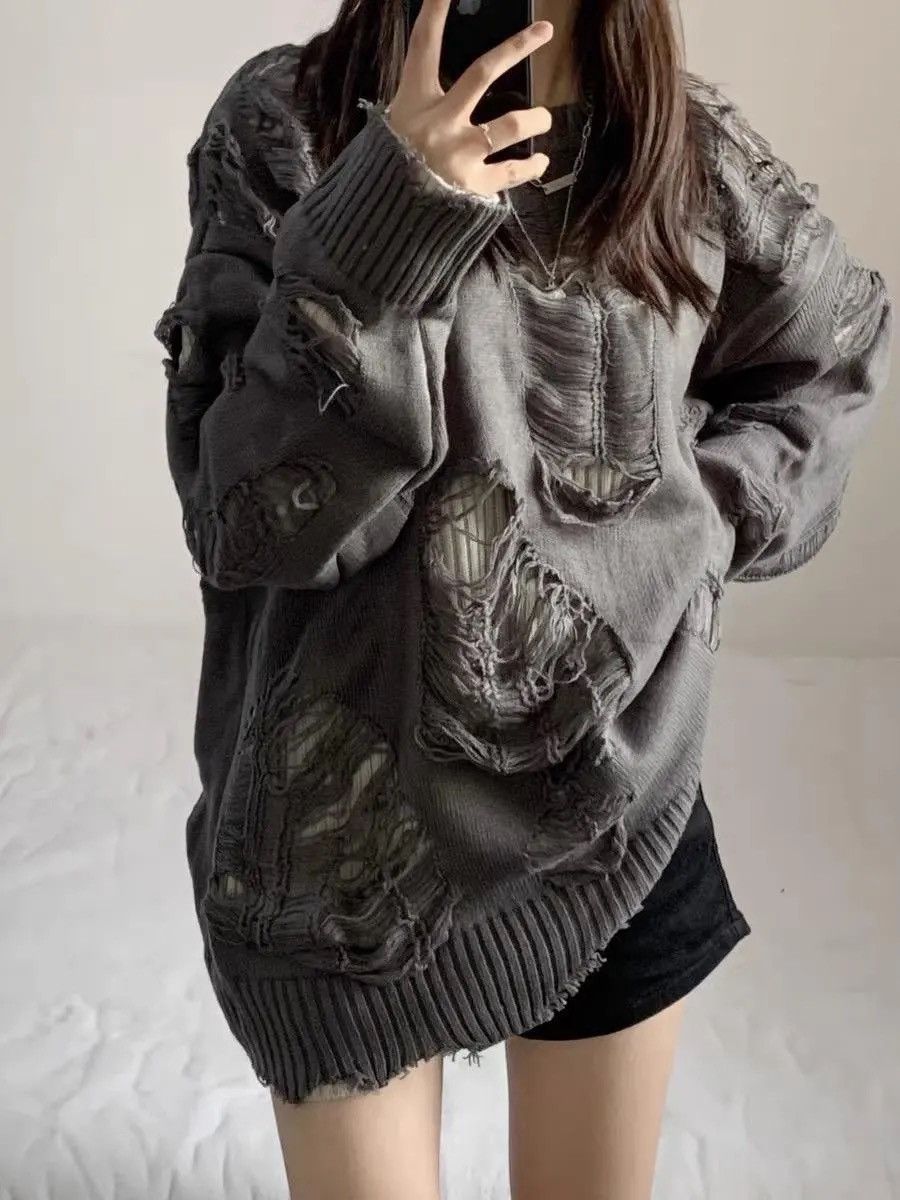 Vintage Gothic Punk Ripped Torn Sweater Knitted Grunge Y2k Pullover Size US M / EU 48-50 / 2 - 3 Thumbnail