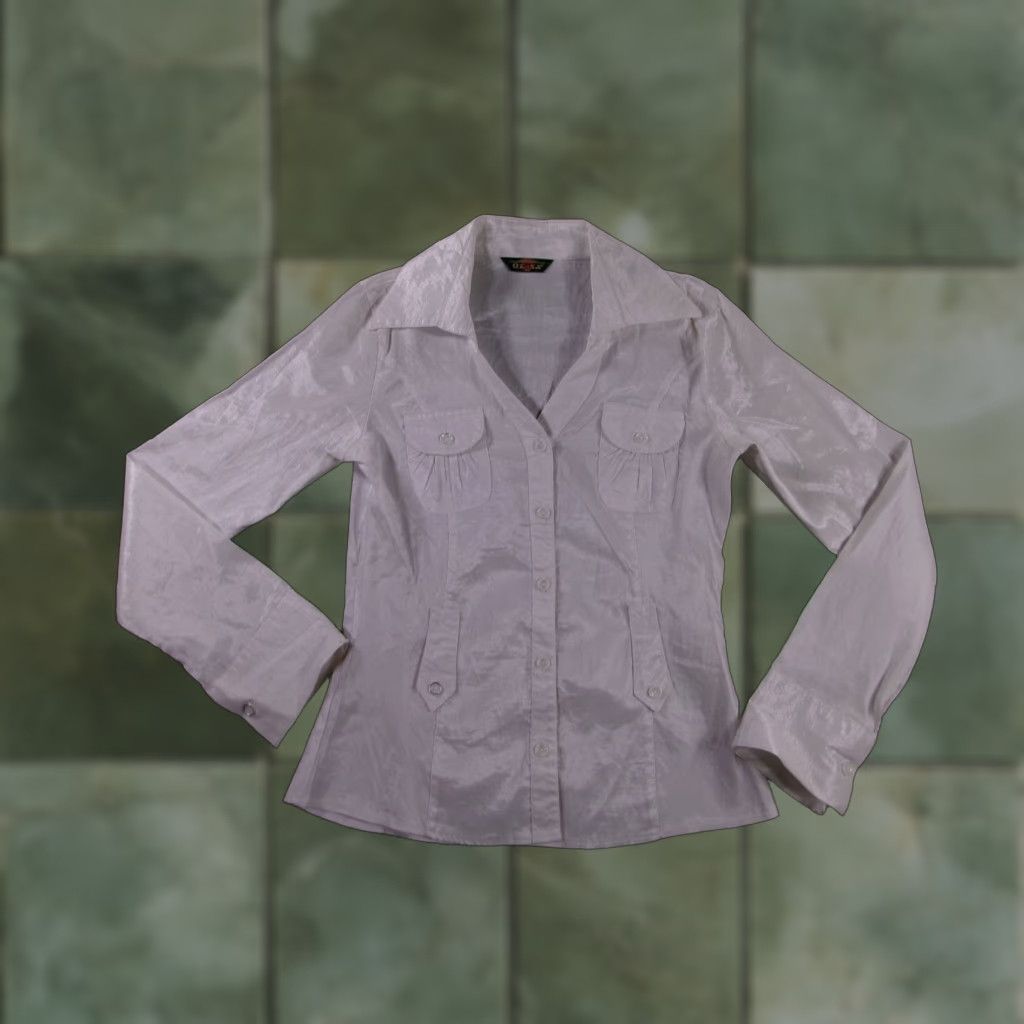 Vintage UZSA White Shiny Button-Up Blouse Women S Fitted Classic Cotton Blend Size S / US 4 / IT 40 - 1 Thumbnail