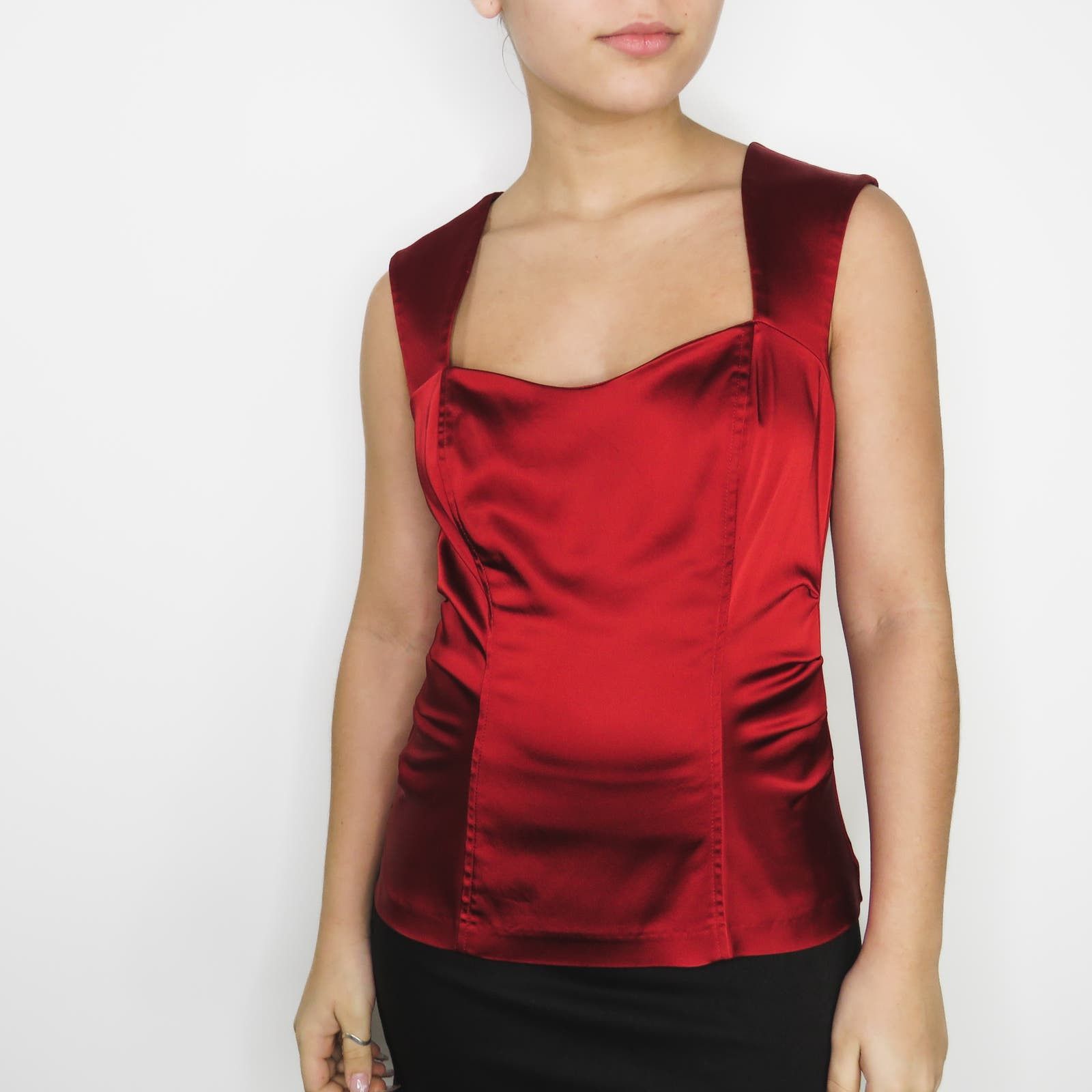 Vintage Caché Red Satin Sweetheart Blouse Sleeveless Y2k Size S / US 4 / IT 40 - 1 Thumbnail