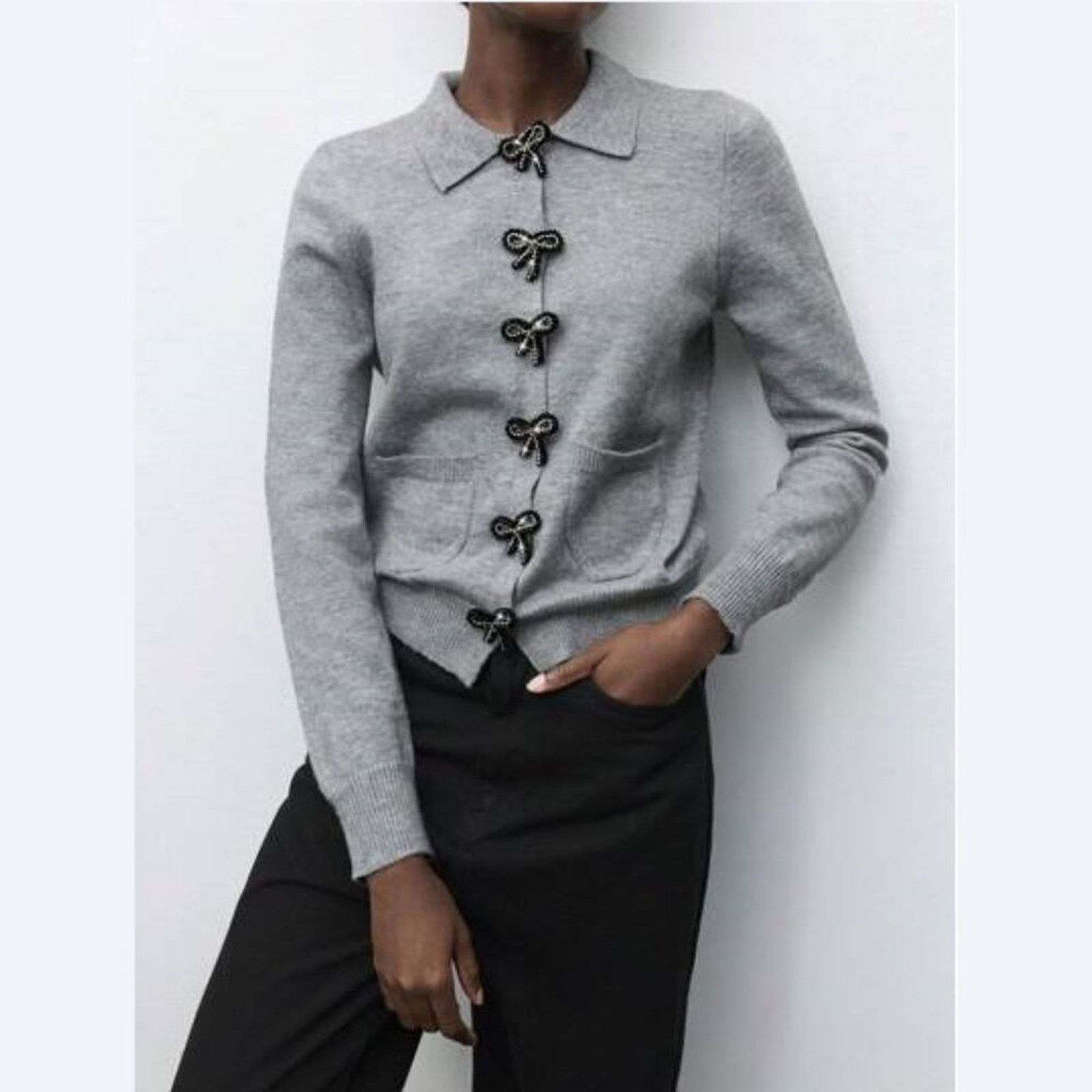 Zara RARE!!! ZARA Gray Embellished Knit Top NWT Size L / US 10 / IT 46 - 16 Thumbnail