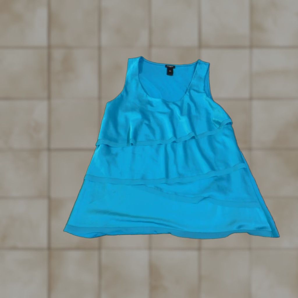 Ann Taylor Top XL Blue Pullover Sleeveless Ruffles Womens Polyester Blouse Shirt Stretch Casual Knit Solid Round Neck Pullover Blouse Womens XL Blue