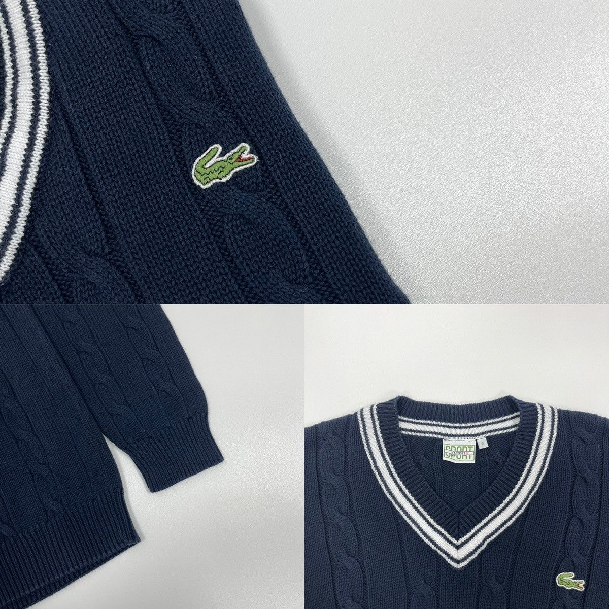 Lacoste Lacoste Sport Cotton Cable Knit Vintage V-Neck Sweater Navy Size US XL / EU 56 / 4 - 5 Thumbnail