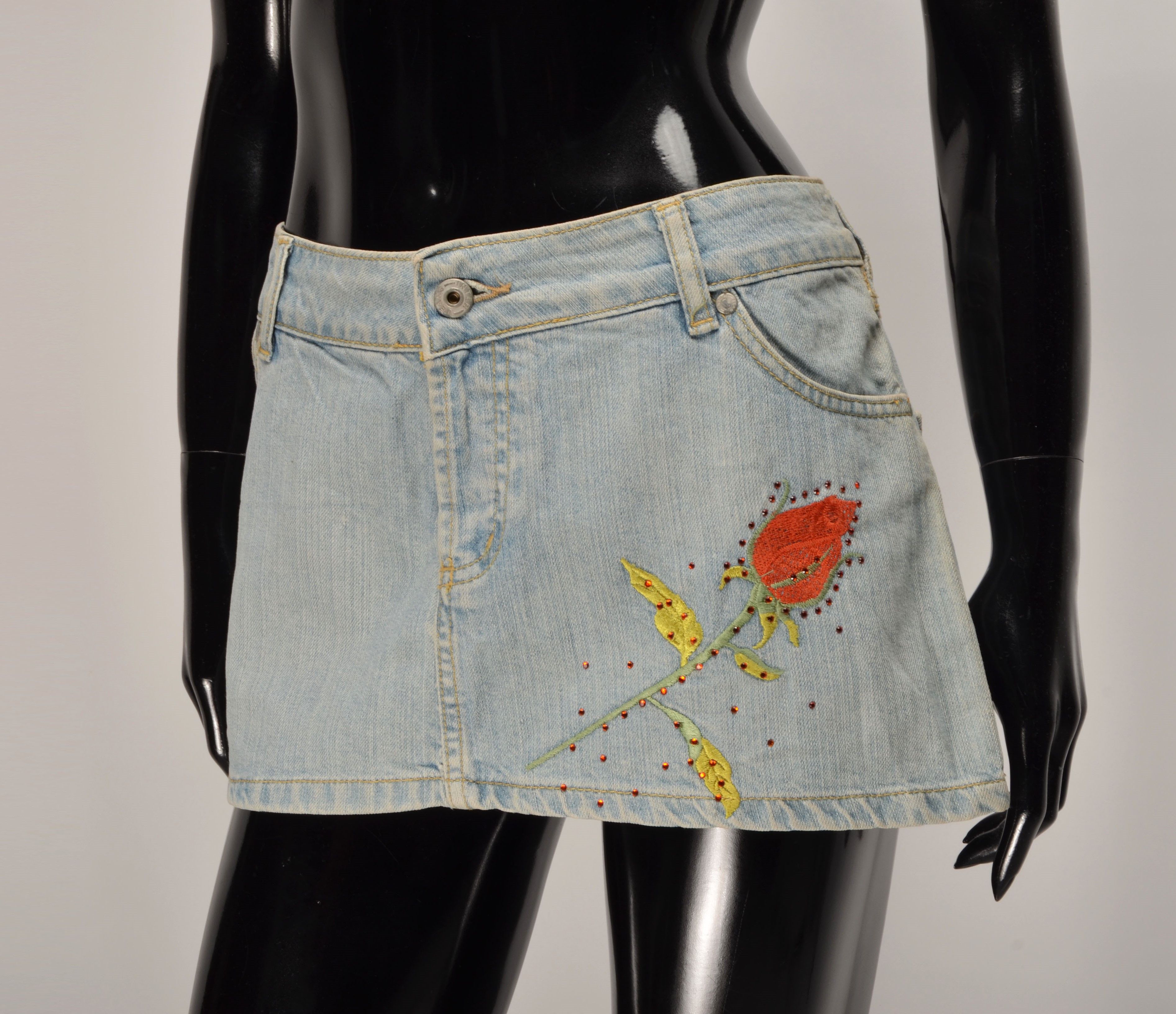 Other Vintage Inter Jeans Y2K Denim Embroidered Hot Mini Skirt Size 32" / US 10 / IT 46 - 2 Thumbnail