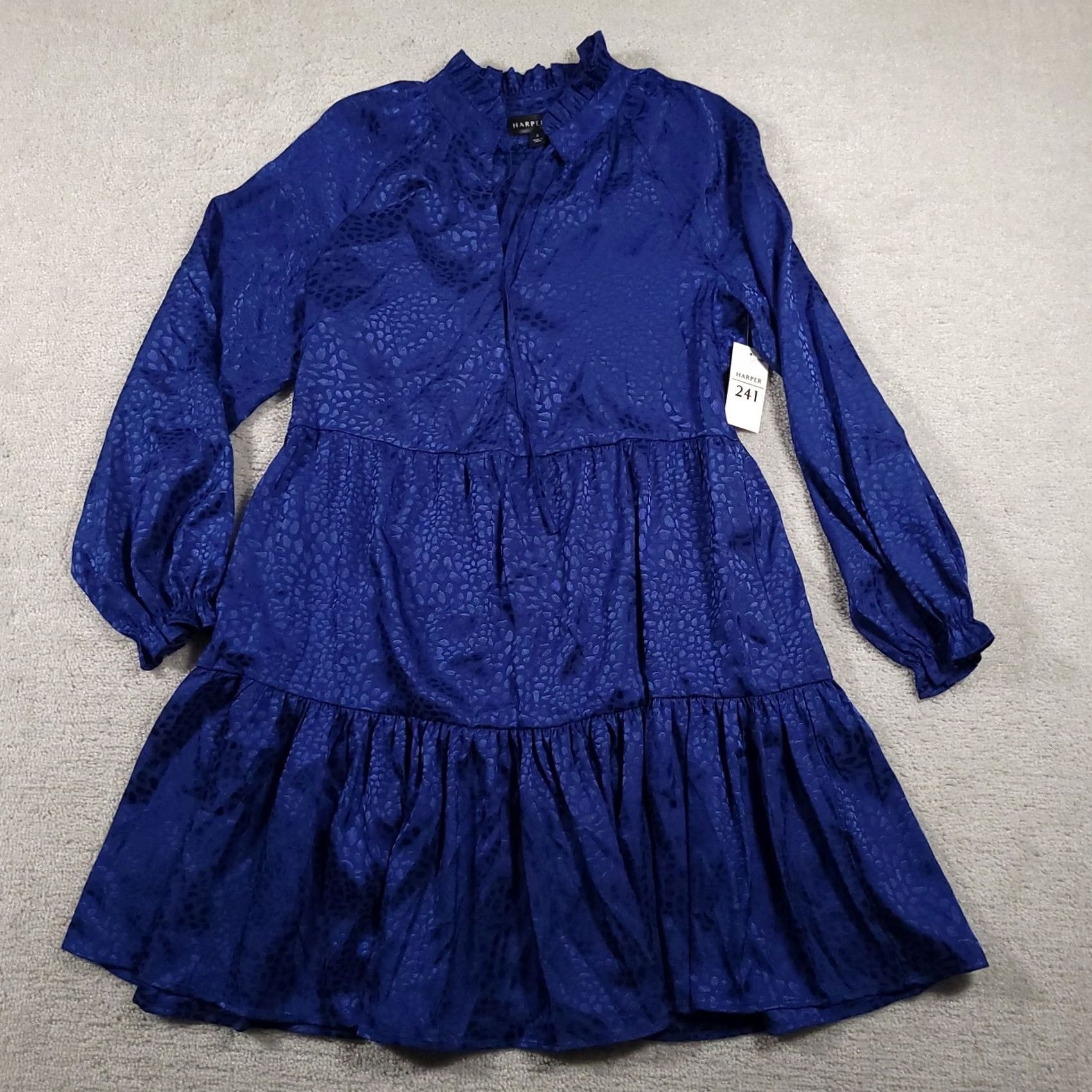 Vintage HARPER 241 Dress Womens 8 Blue Long Sleeve Tiered Ruffle Jacquard Satin Dress Size M / US 6-8 / IT 42-44 - 2 Thumbnail