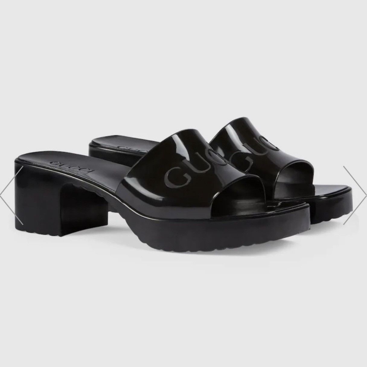 Gucci NEW GUCCI BLACK Rubber Logo Platform Block Heel Slide Sandal Size US 9 / IT 39 - 1 Thumbnail