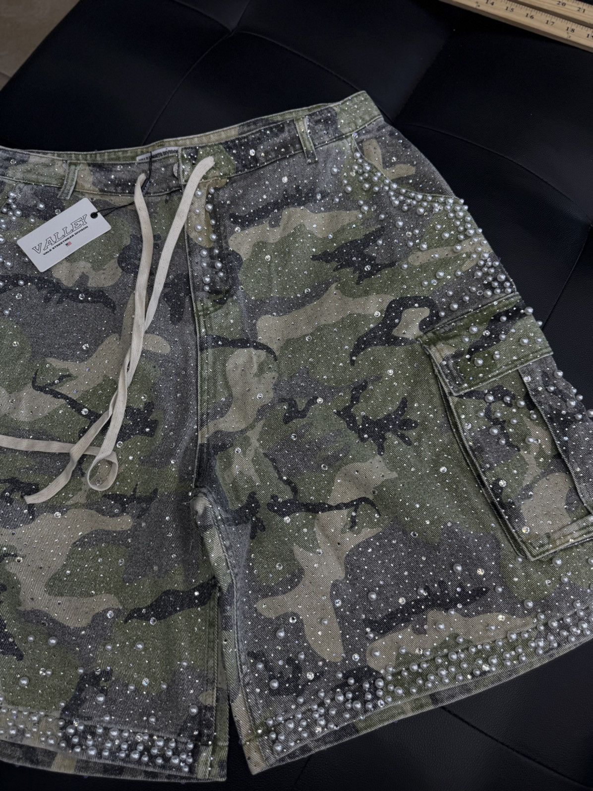 Vale Valley Rhinestone Crystal Shorts Denim Green Camo Size 34 Size US 34 / EU 50 - 2 Thumbnail