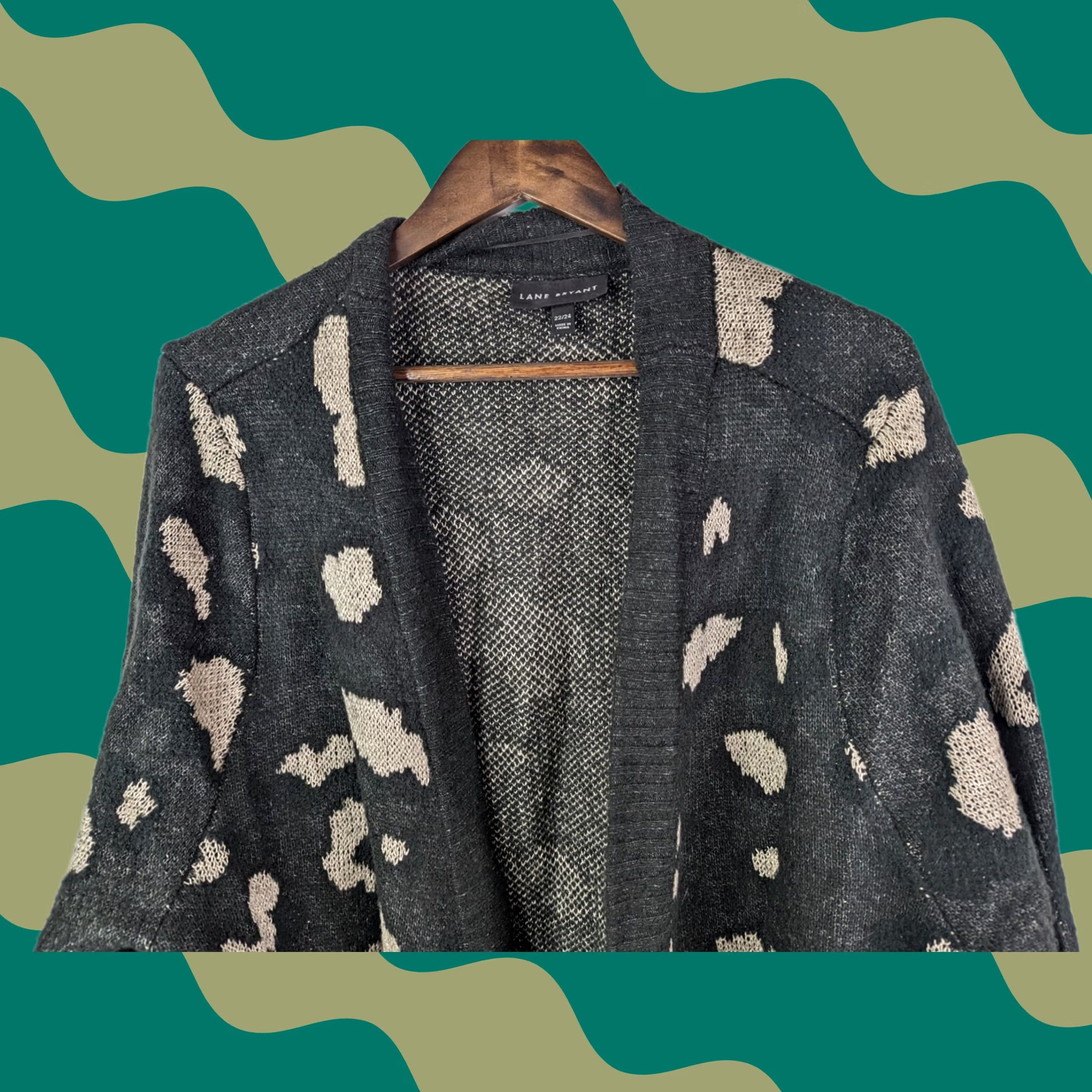Vintage Lane Bryant Plus 22/24 Open Front Cardigan Sweater Black Animal Print Pockets Women Cardigan 22/24 Black Size 3XL / US 20-22 - 1 Thumbnail