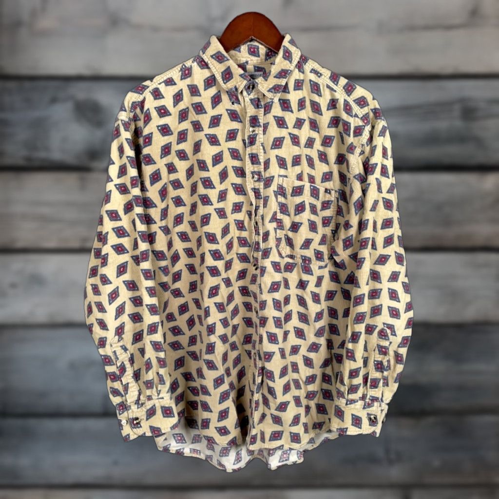Etro VINTAGE Cambridge Classics Mens Button-Up Shirt Adult Medium Corduroy Geometric Diamond Pattern 90s Preppy Retro Beige Size US M / EU 48-50 / 2 - 1 Thumbnail