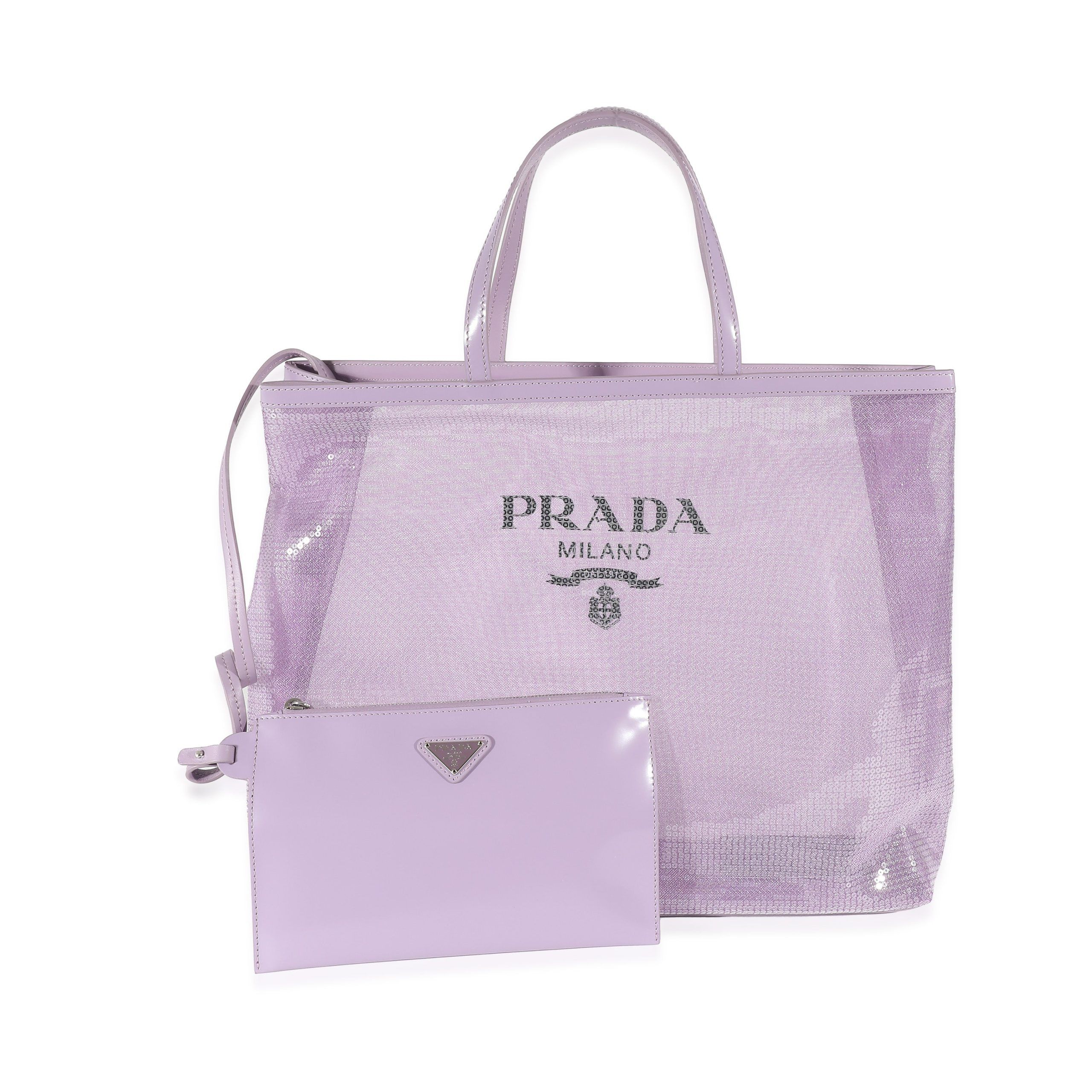 image of Prada Purple Mesh Sequin Logo Tote, Women's