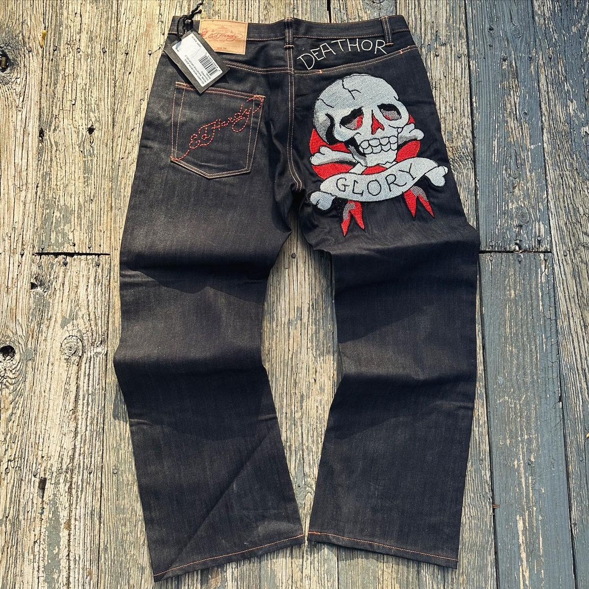 Pre-owned Ed Hardy X Jnco Crazy Baggy Y2k Dead-stock Ed Hardy Skull Rhinestone Jeans In Denim