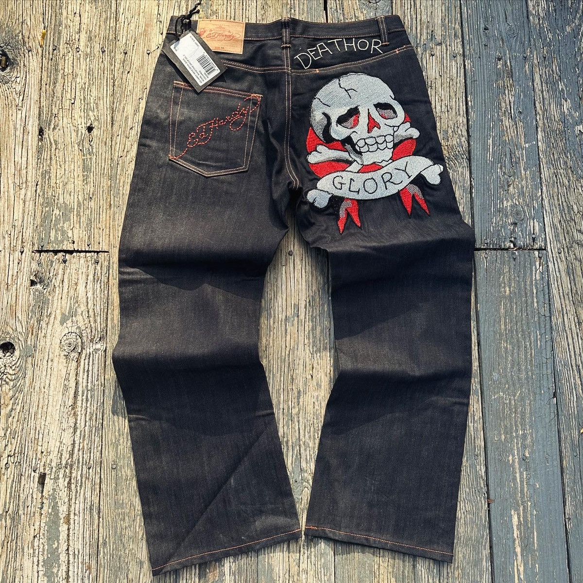 Image of Crazy Baggy Y2K Dead-Stock Ed Hardy Skull Rhinestone Jeans in Denim, Men's (Size 38)