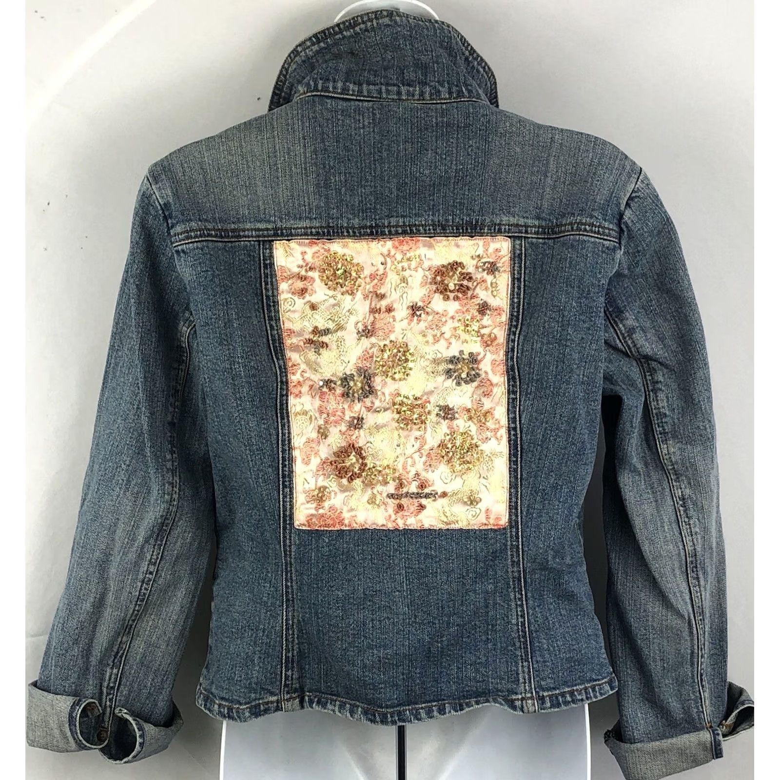 Denime Vintage Denim Jacket M Blue Jean Peach Bead Satin Patchwork Tapestry boho Hippie Size 32" / US 10 / IT 46 - 4 Thumbnail