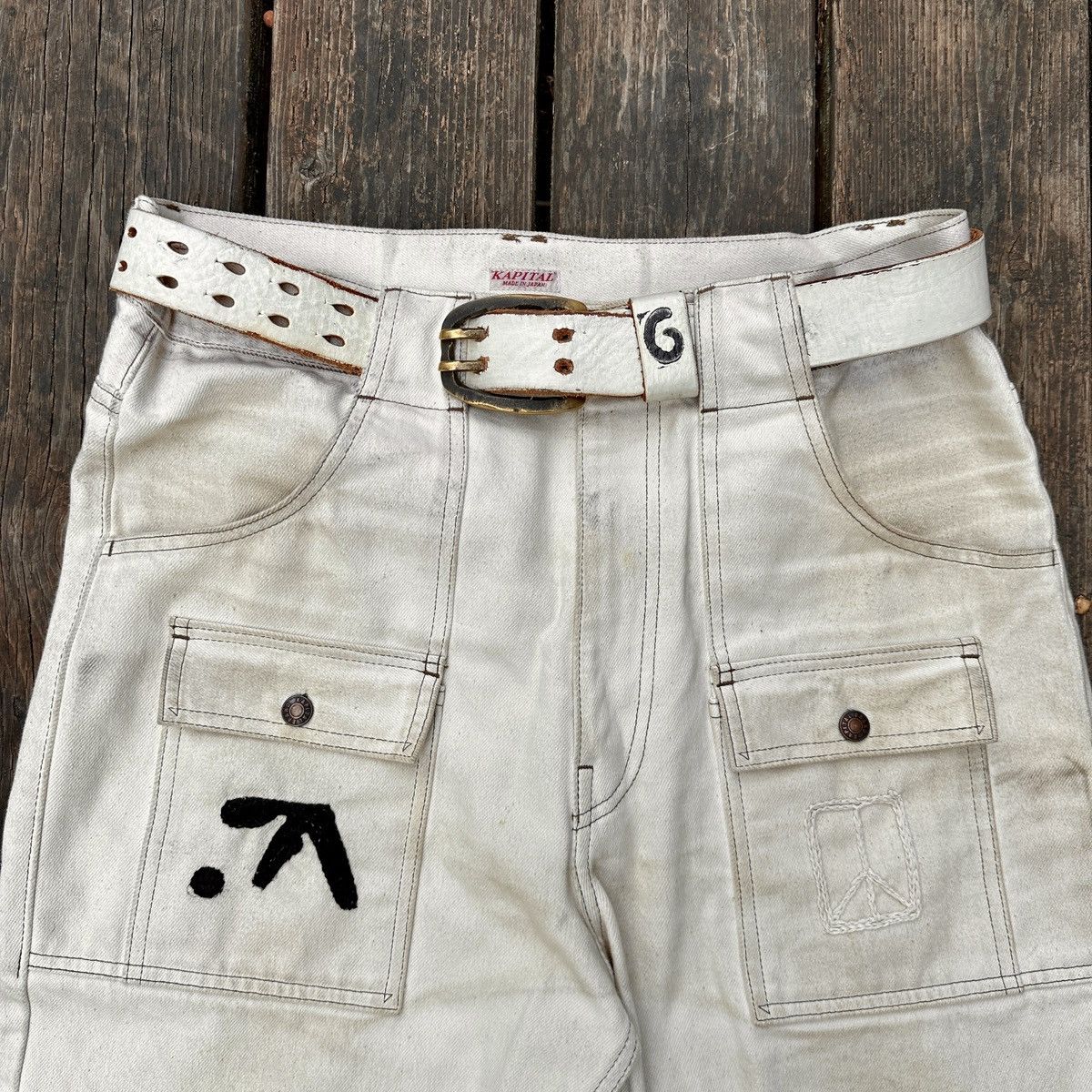 Pre-owned Apex X Kapital Aphex Twin Trashed Remake 14oz White Flare Denim Bush Pant