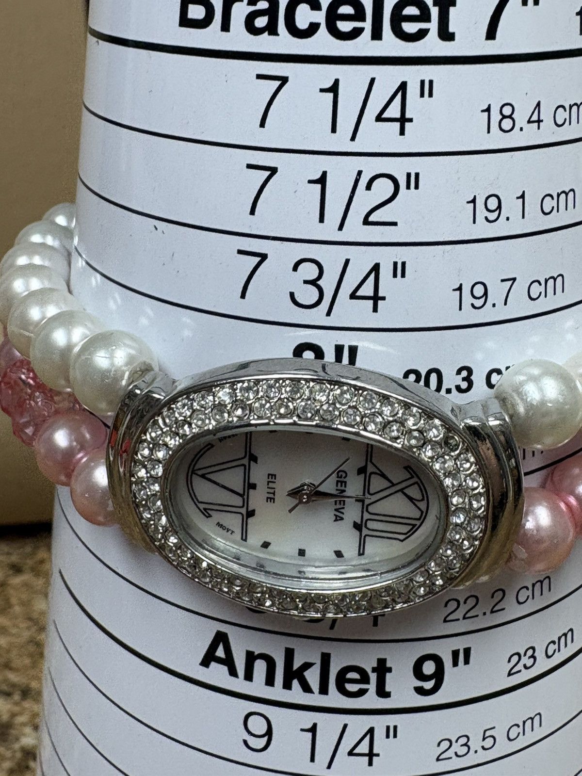 Geneva White Dial Silver Tone Oval Case Pink Faux Pearl Band Watch Size ONE SIZE - 5 Thumbnail