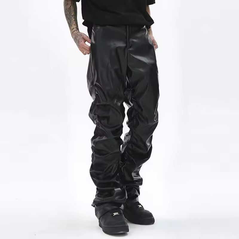 Jean Pleated Pu Leather Pants Streetwear Loose Ruched Casual Size US 32 / EU 48 - 3 Thumbnail
