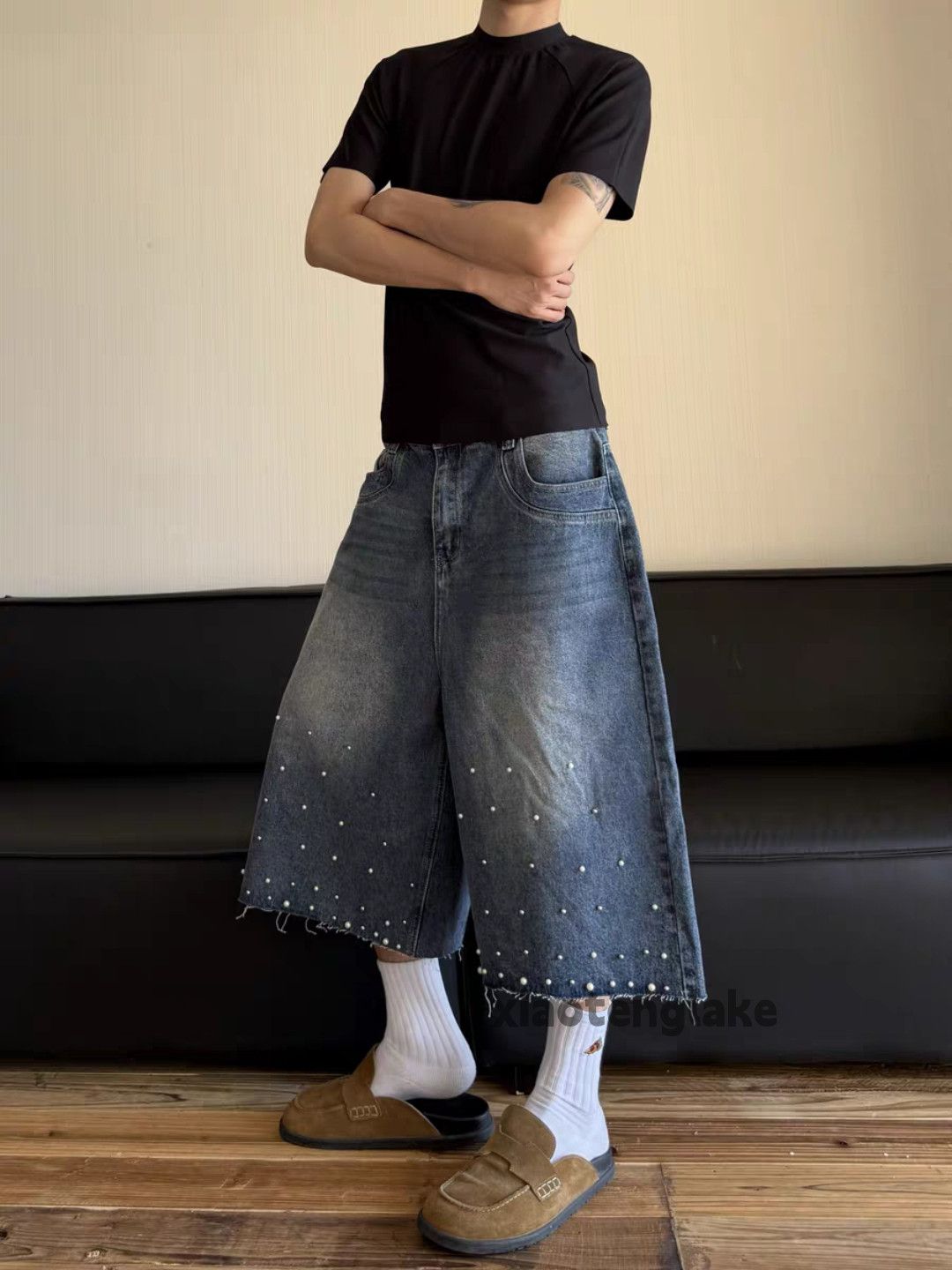 Designer Unisex washed faded loose skate hiphop y2k flared shorts Size US 32 / EU 48 - 5 Thumbnail