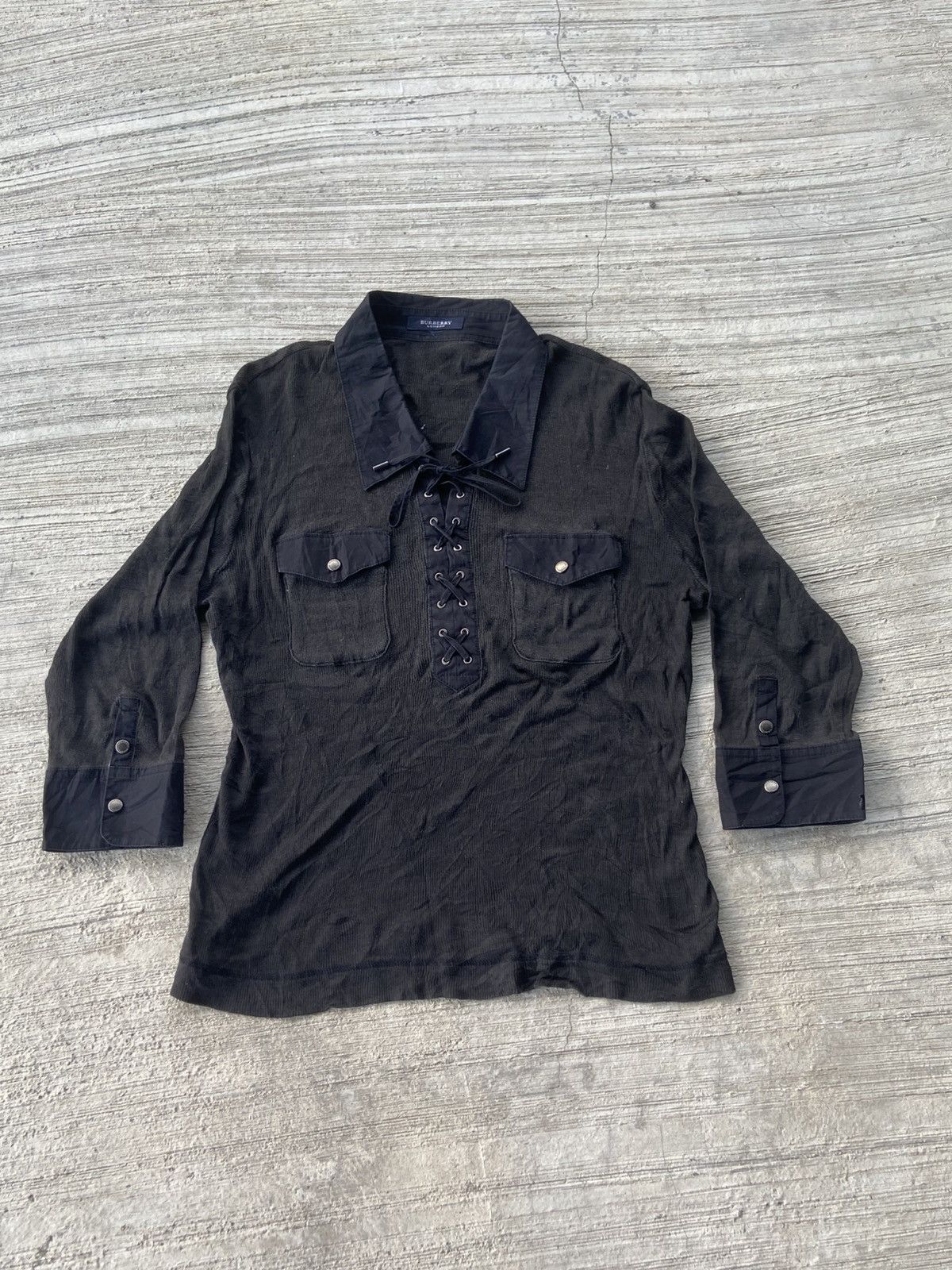 Burberry Vintage Burberry London Black Lace-Up Pullover Shirt Size US M / EU 48-50 / 2 - 2 Thumbnail