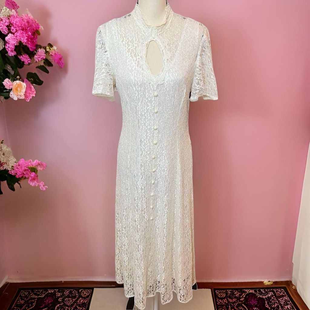 Vintage Vtg 70s/80 Dawn Joy Lace Sweetheart Key Hole Corset Dress M Size L / US 10 / IT 46 - 1 Thumbnail