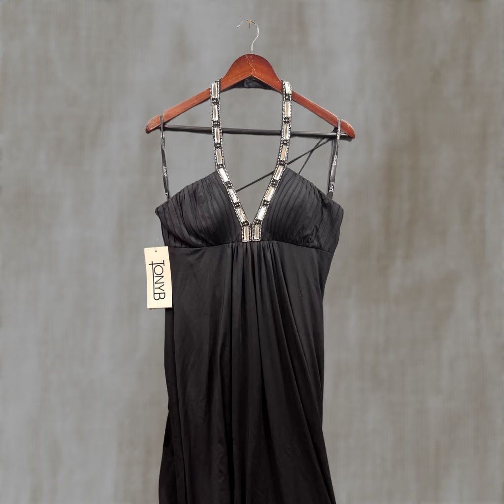 Vintage VINTAGE Tony B Black Halter Gown Rhinestone V-Neck Formal Dress Womens Size 8 Size M / US 6-8 / IT 42-44 - 1 Thumbnail