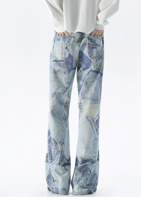 Japanese Brand Wide-leg men's loose blue printed American baggy jeans Size US 32 / EU 48 - 4 Thumbnail