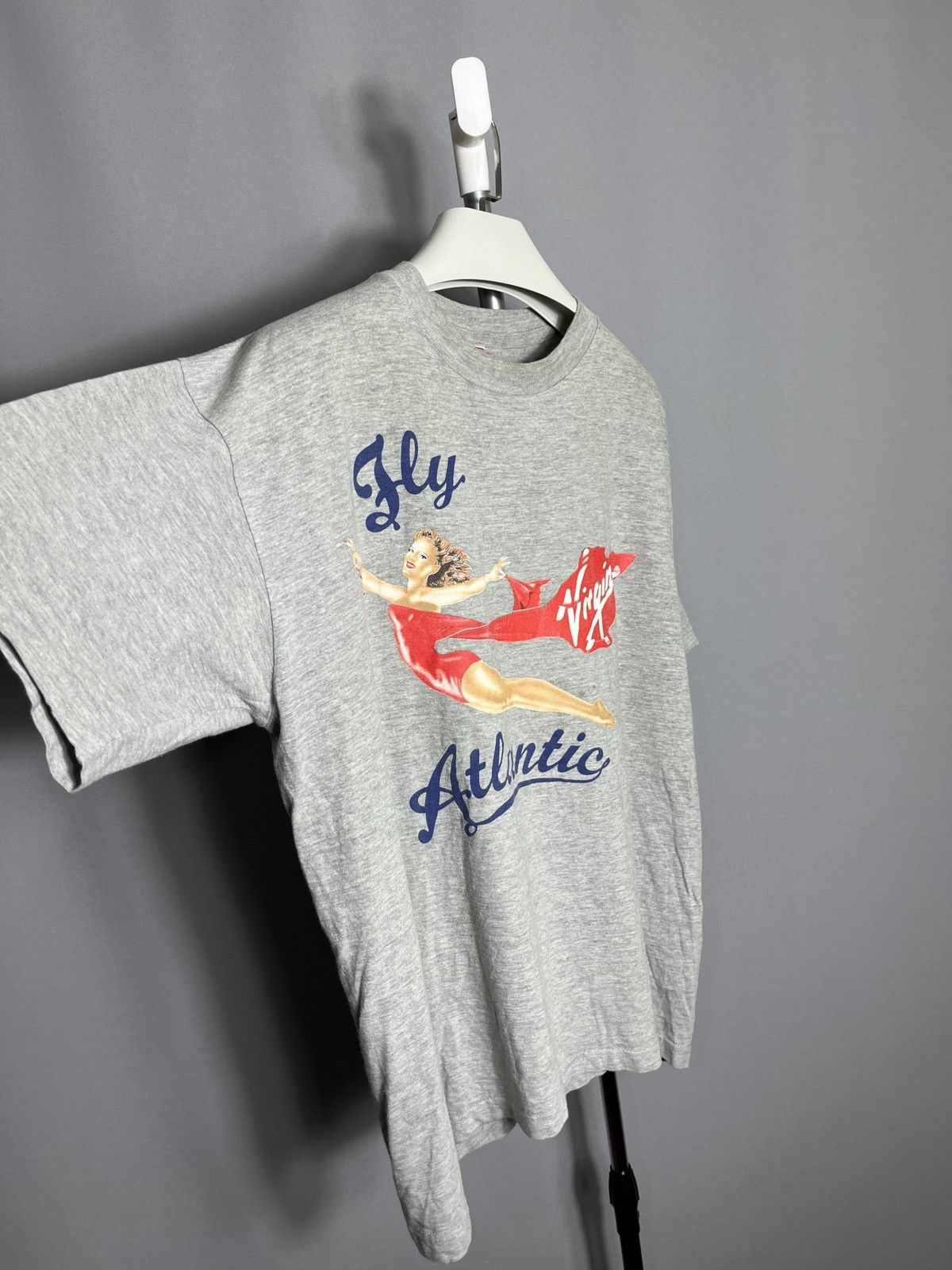 Vintage Fly Virgin Atlantic 90s Sunfaded Tee Mens T-shirt Gray Size US XXL / EU 58 / 5 - 7 Thumbnail