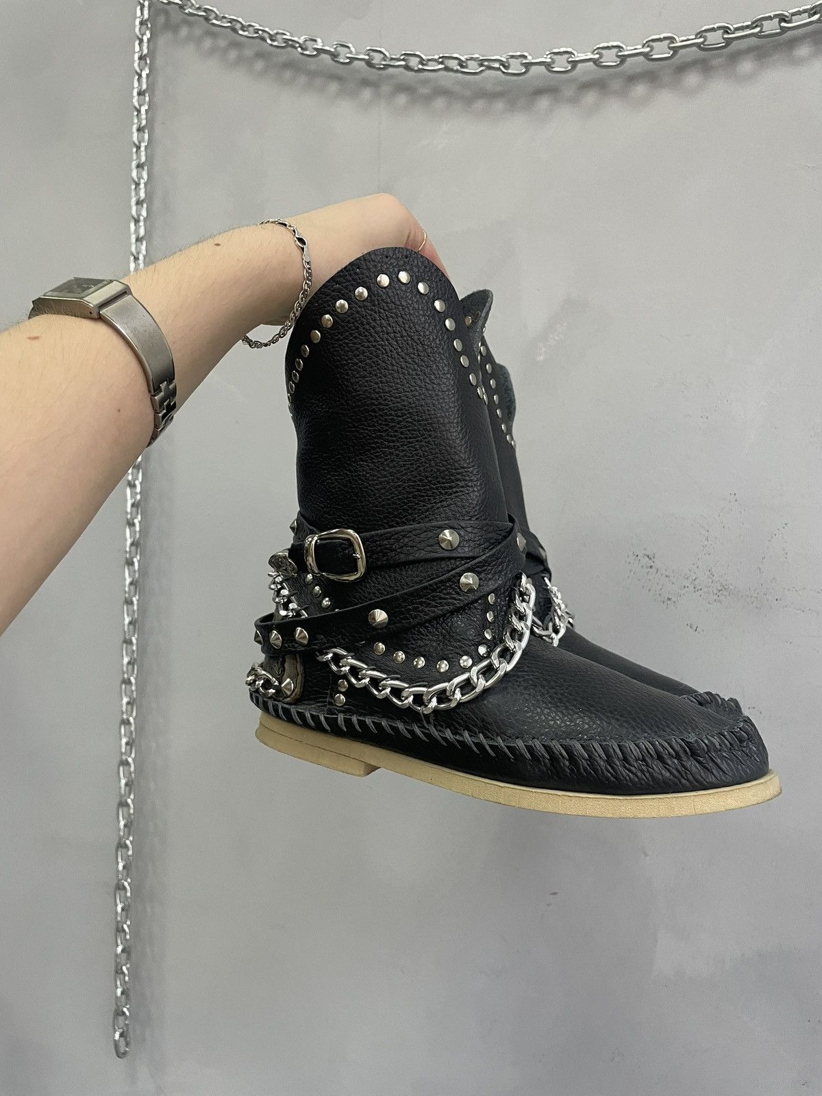 If Six Was Nine Gothic chain studded y2k boots black leather 14thaddiction Size US 5.5 / IT 35.5 - 3 Thumbnail