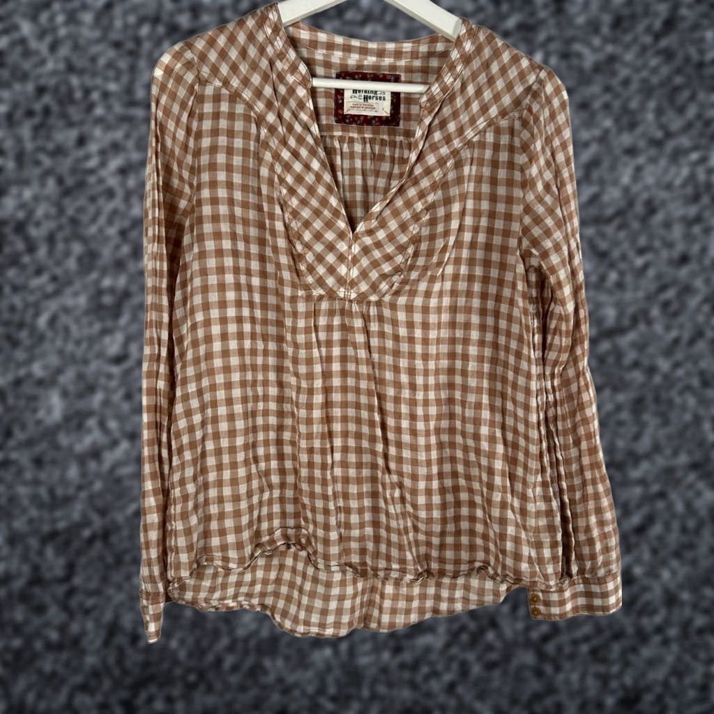 Anthropologie Holding Horses Devon Gingham Top Womens Size 2 Brown White Long Sleeve V-Neck Pullover Blouse Size XS / US 0-2 / IT 36-38 - 1 Thumbnail