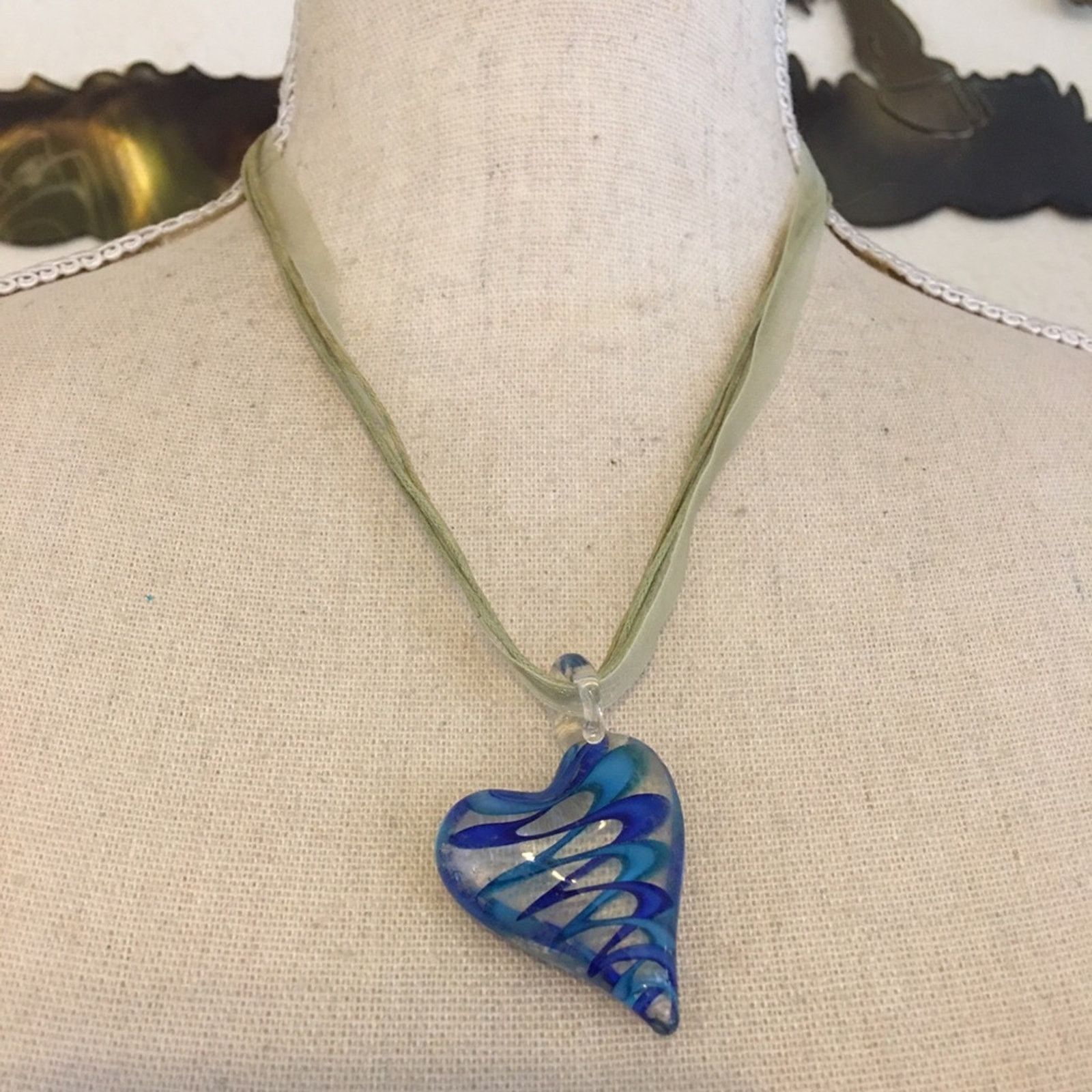 Handmade Art glass heart pendant on ribbon cord necklace Size ONE SIZE - 1 Thumbnail