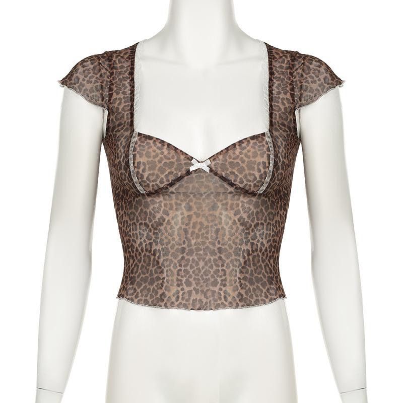Vintage Leopard Print Lettuce Trim Semi-sheer Tulle Crop Tee Size M / US 6-8 / IT 42-44 - 1 Thumbnail