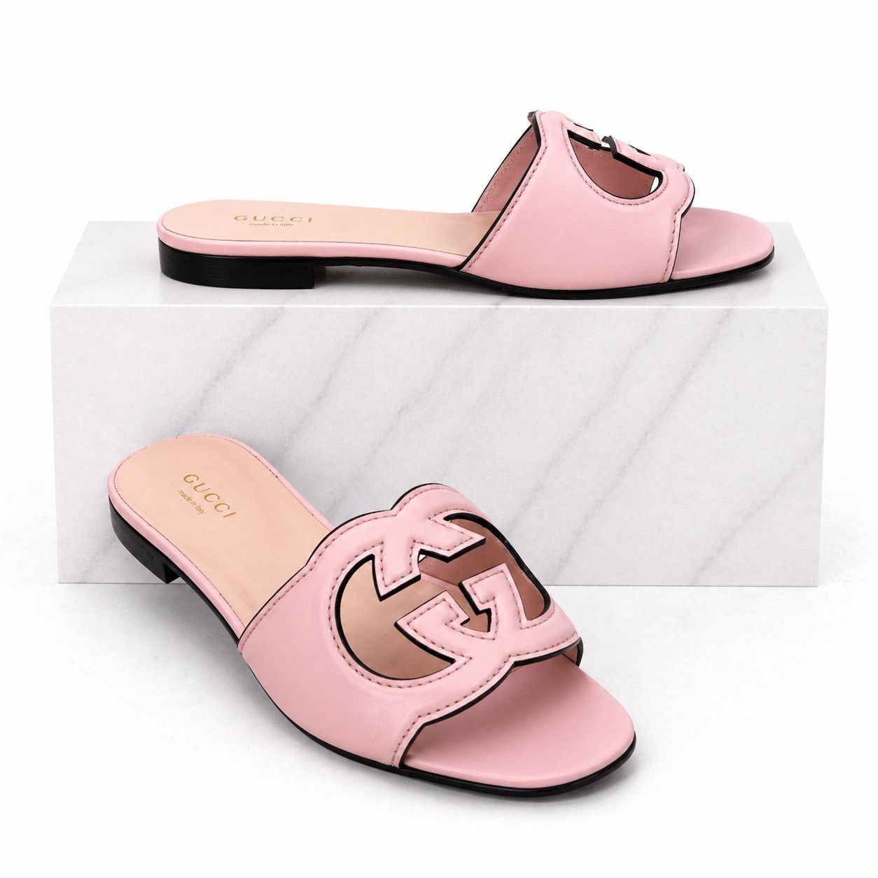 Gucci Gucci Interlocking G Cutout Leather Slide Flat Sandal 37.5 Size US 7.5 / IT 37.5 - 1 Thumbnail