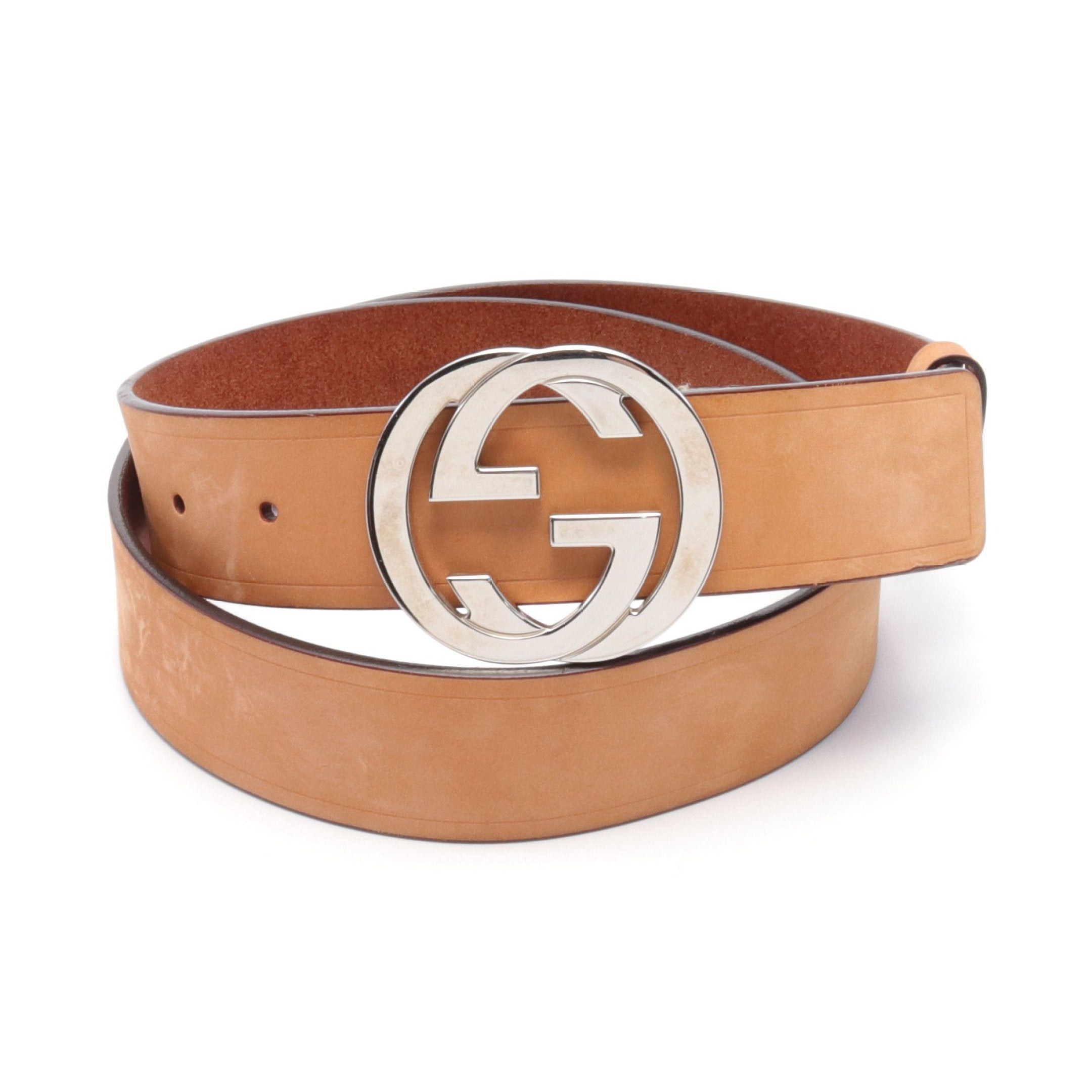 Gucci Interlocking G Belt Leather Light Brown Silver Hardware