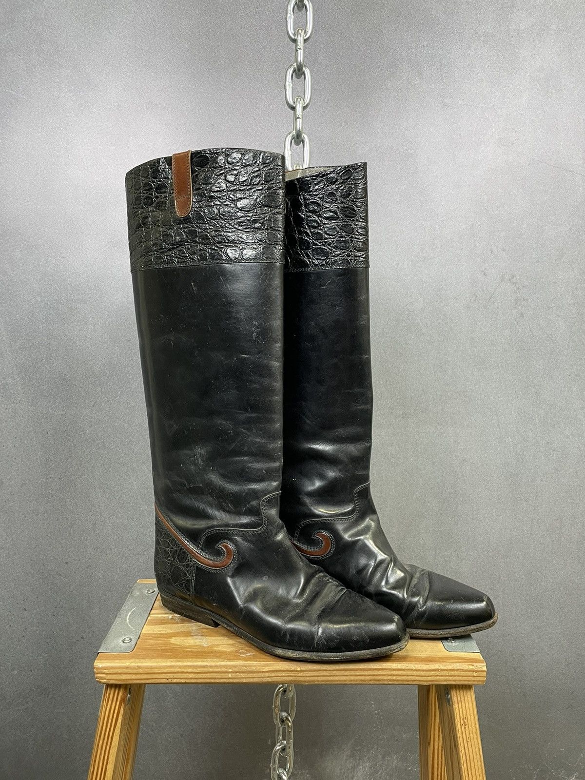 image of Vintage Bally Leather Mid Calf Riding Boot Size 5.5 in Black, Women's