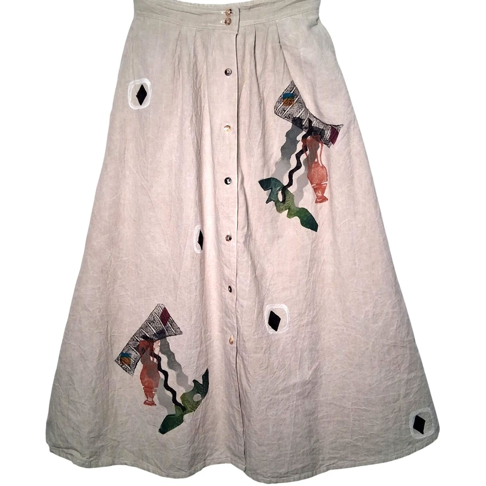 Vintage Play Alegre Skirt S Natural Hand Painted Wearable Art To Wear Lagenlook Artsy Size 28" / US 6 / IT 42 - 2 Thumbnail