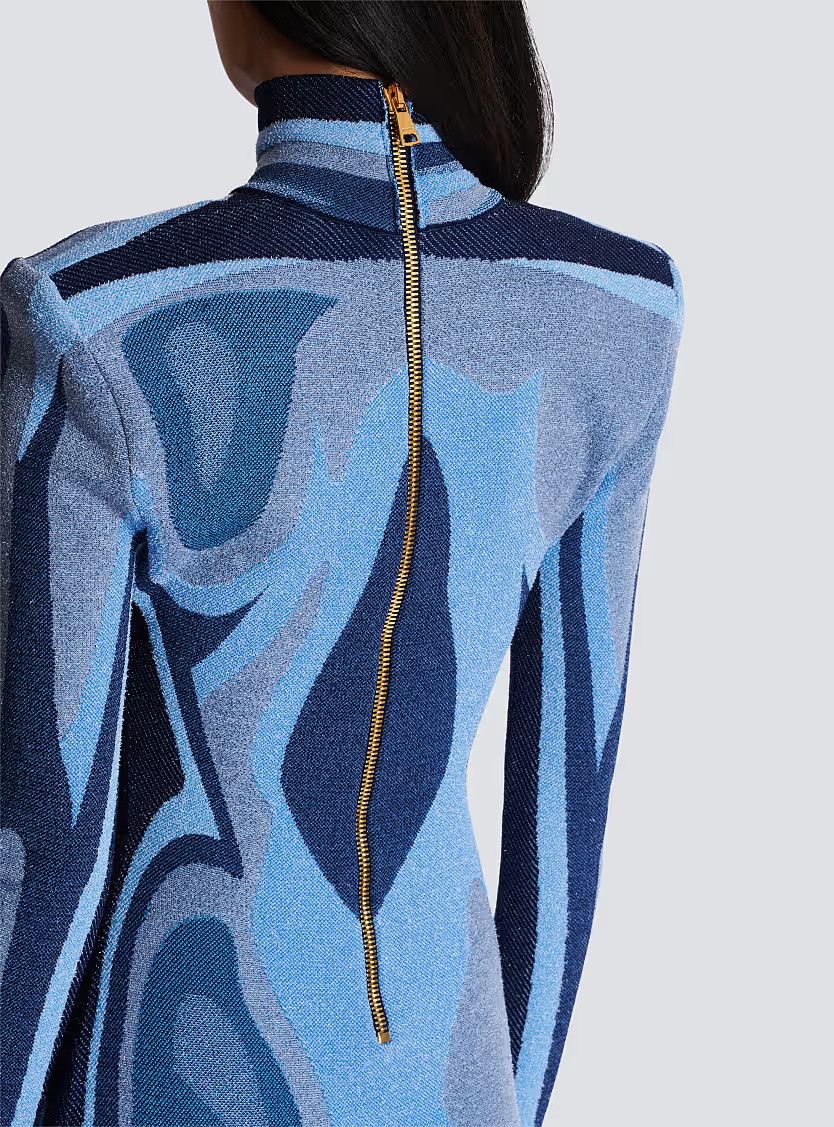 Balmain o1s1wg111225 Jacquard Knit Dress With Body Motif in Blue Size M / US 6-8 / IT 42-44 - 7 Thumbnail