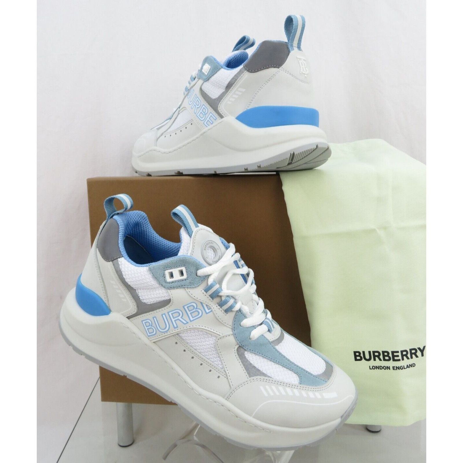 Burberry SEAN WHITE SUEDE MESH PALE BLUE LOGO LOW SNEAKERS 41 US 8 Size US 8 / EU 41 - 3 Thumbnail