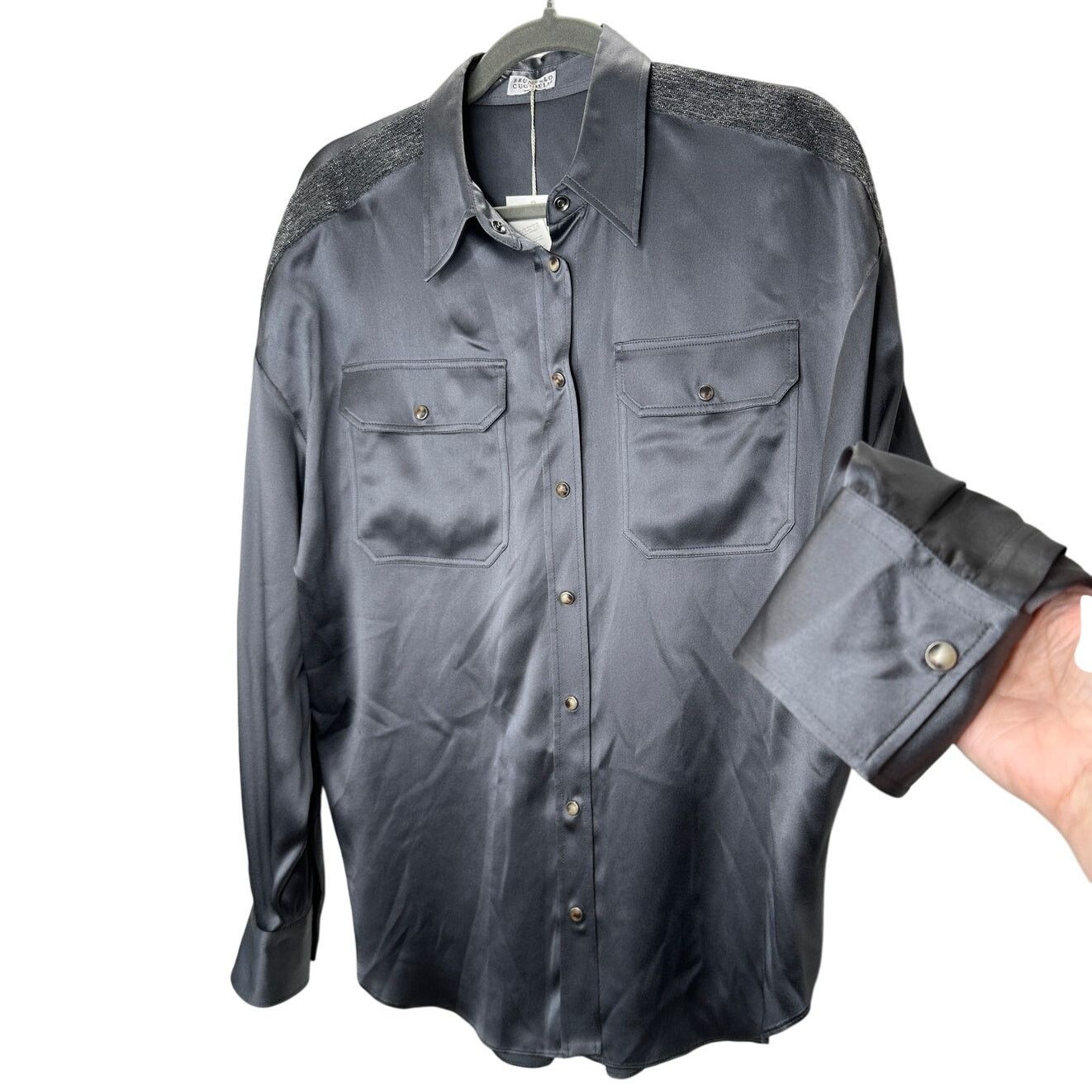 Brunello Cucinelli NWT Brunello Cucinelli Gray Silk Beaded Snap Shirt XL Size XL / US 12-14 / IT 48-50 - 1 Thumbnail