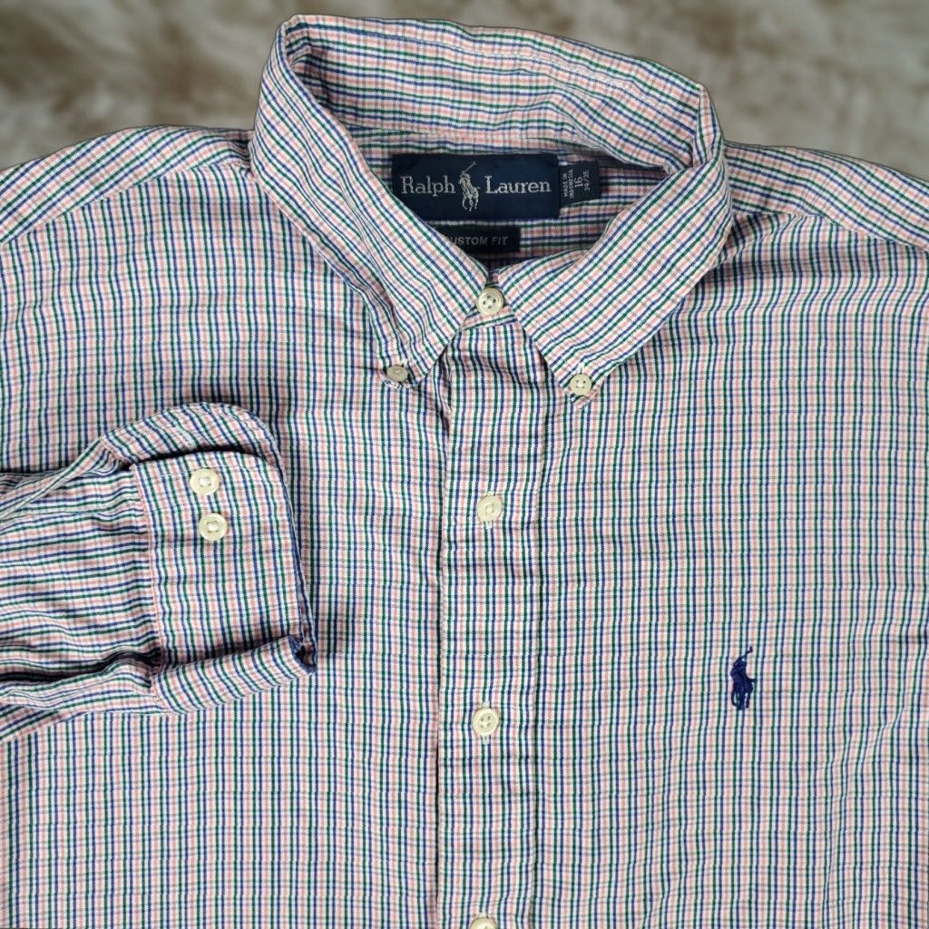 Ralph Lauren VINTAGE Ralph Lauren Dress Shirt Men Size 16 Long Sleeve Plaid Cotton Blue Classic 90s Mens Size 42R - 1 Thumbnail