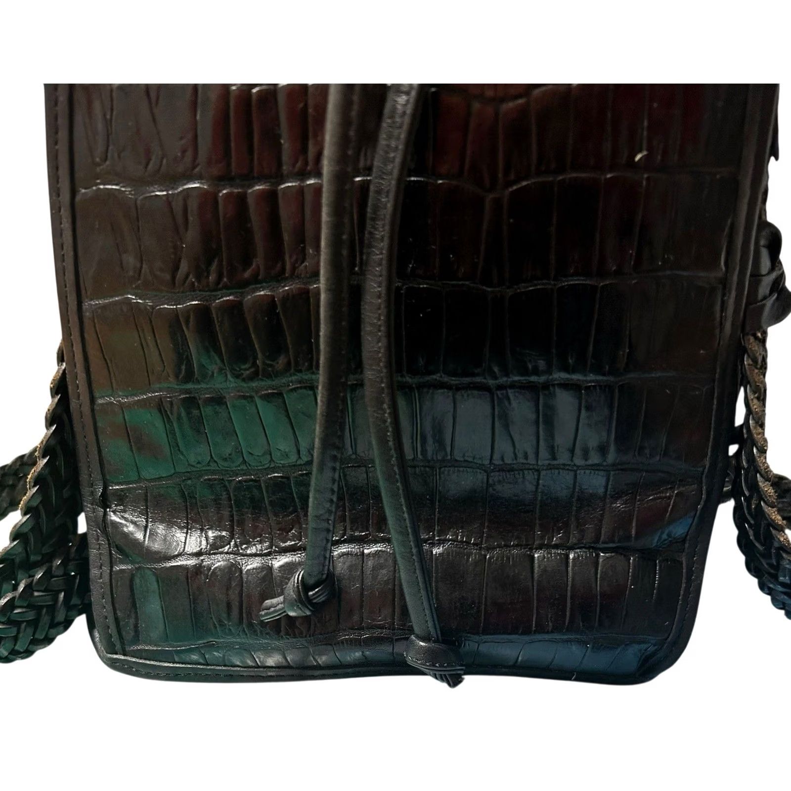 Brighton VINTAGE Brighton Black Leather Croc Embossed Drawstring Bucket Shoulder Bag Purse VTG Womens Small Crossbody Nature: Designer 90s Size ONE SIZE - 3 Thumbnail