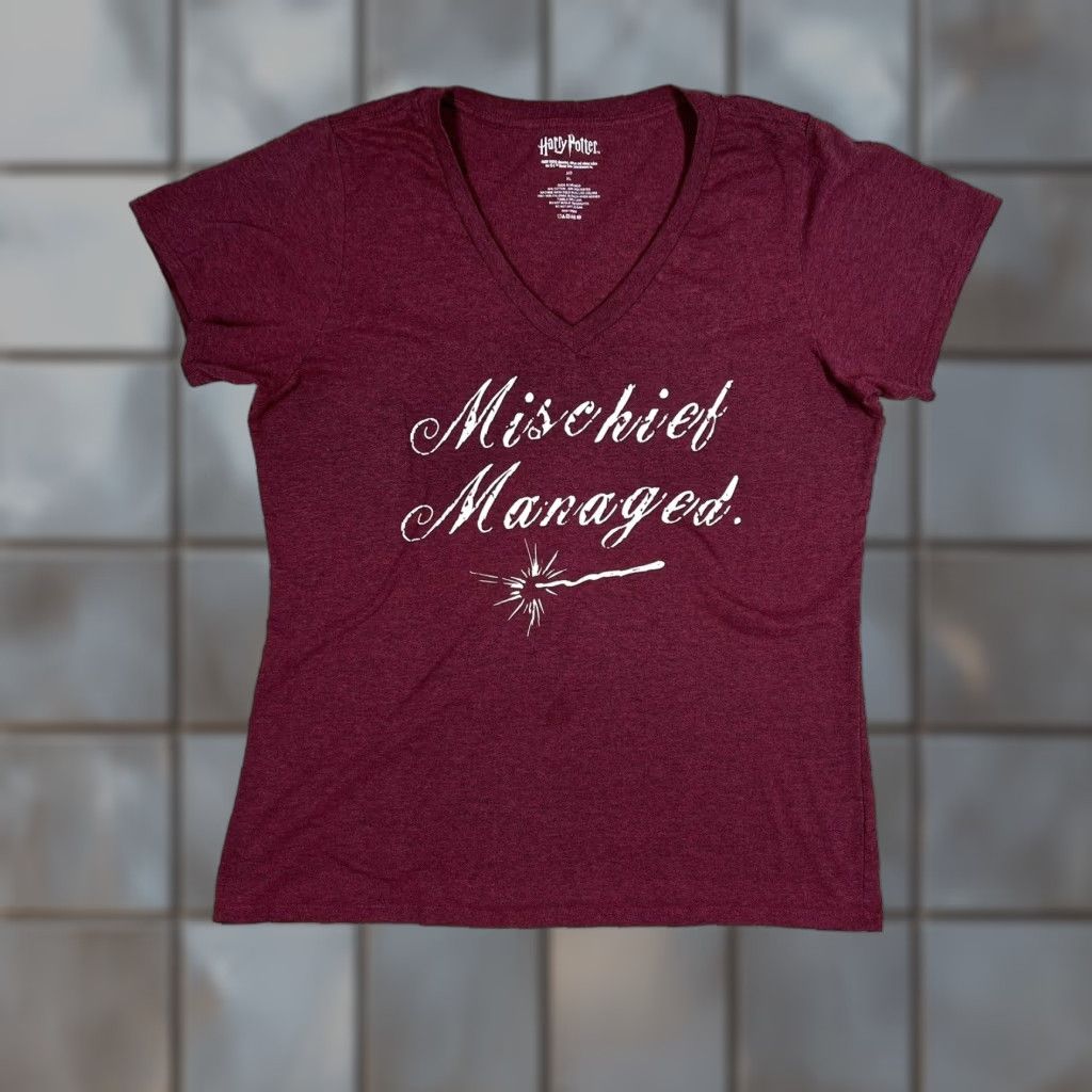Vintage Harry Potter Tee Shirt Womens XL Maroon Mischief Managed Short Sleeve V Neck Top Size XL / US 12-14 / IT 48-50 - 1 Thumbnail