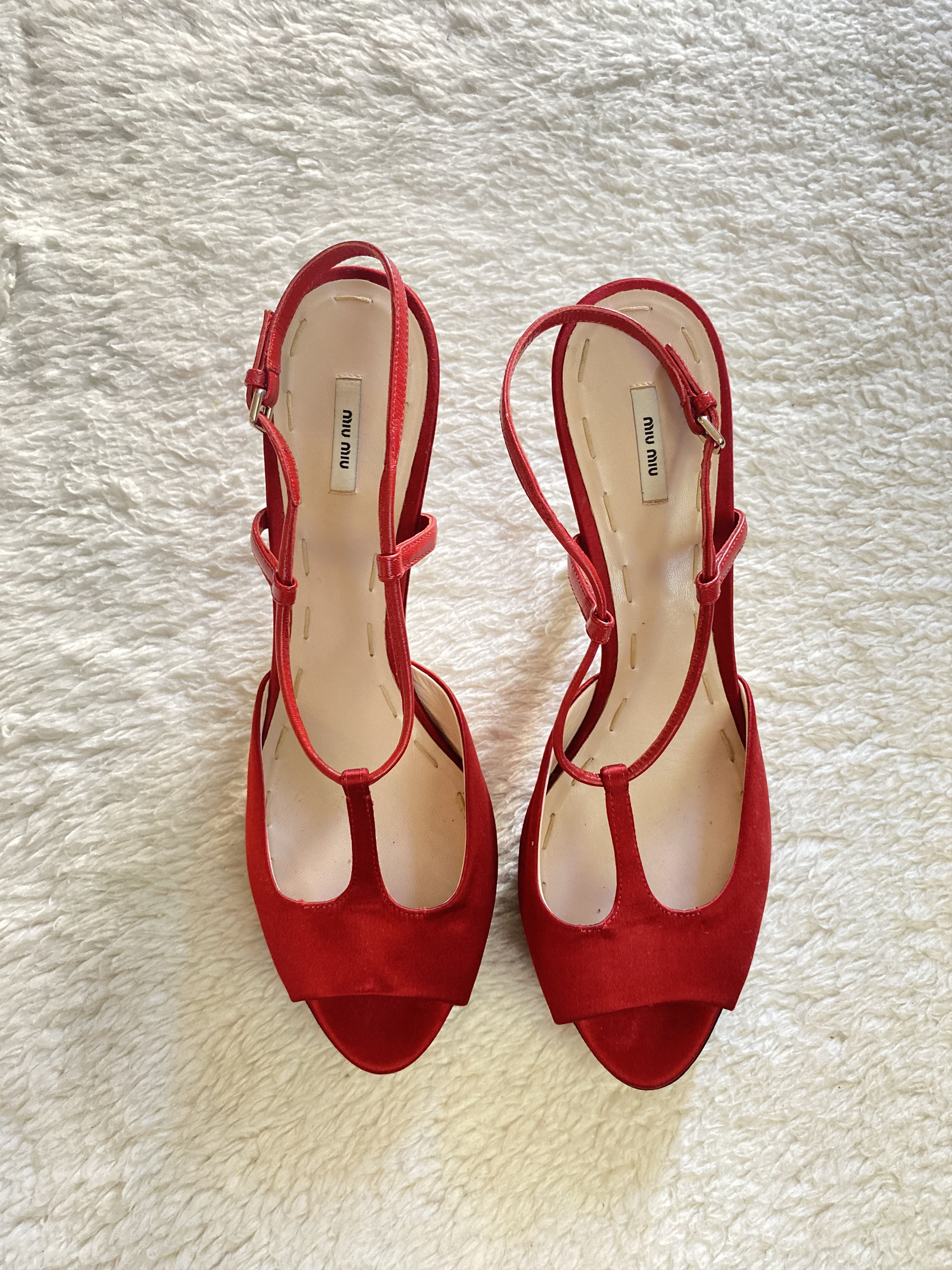 Miu Miu Miu Miu Silk Peep Toe Sandals – Red & Black Size US 10 / IT 40 - 3 Thumbnail