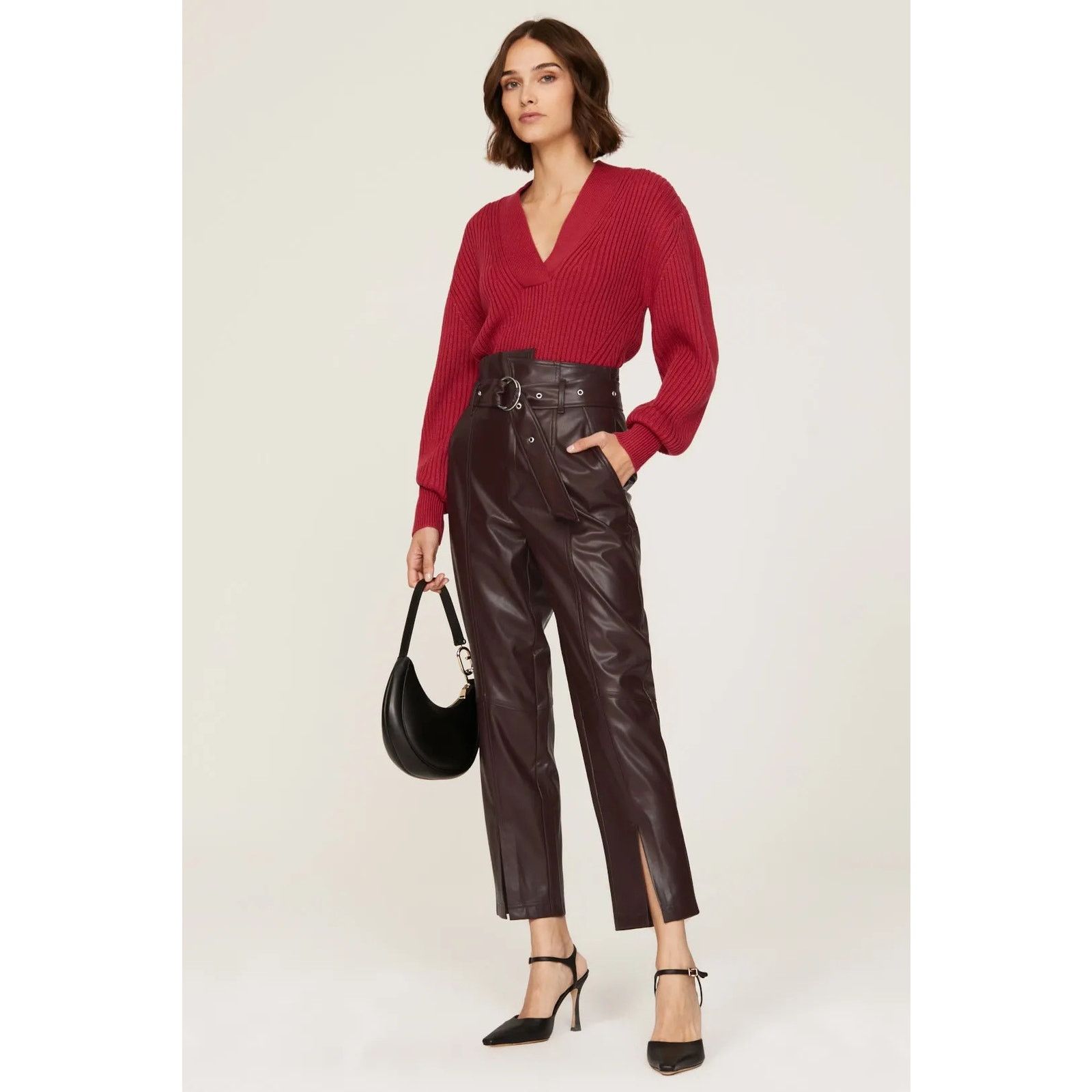 Marissa Webb RTR Marissa Webb Sz 0 Brown Split Faux Leather Belted Pants Size 25" / US 0 / IT 36 - 1 Thumbnail