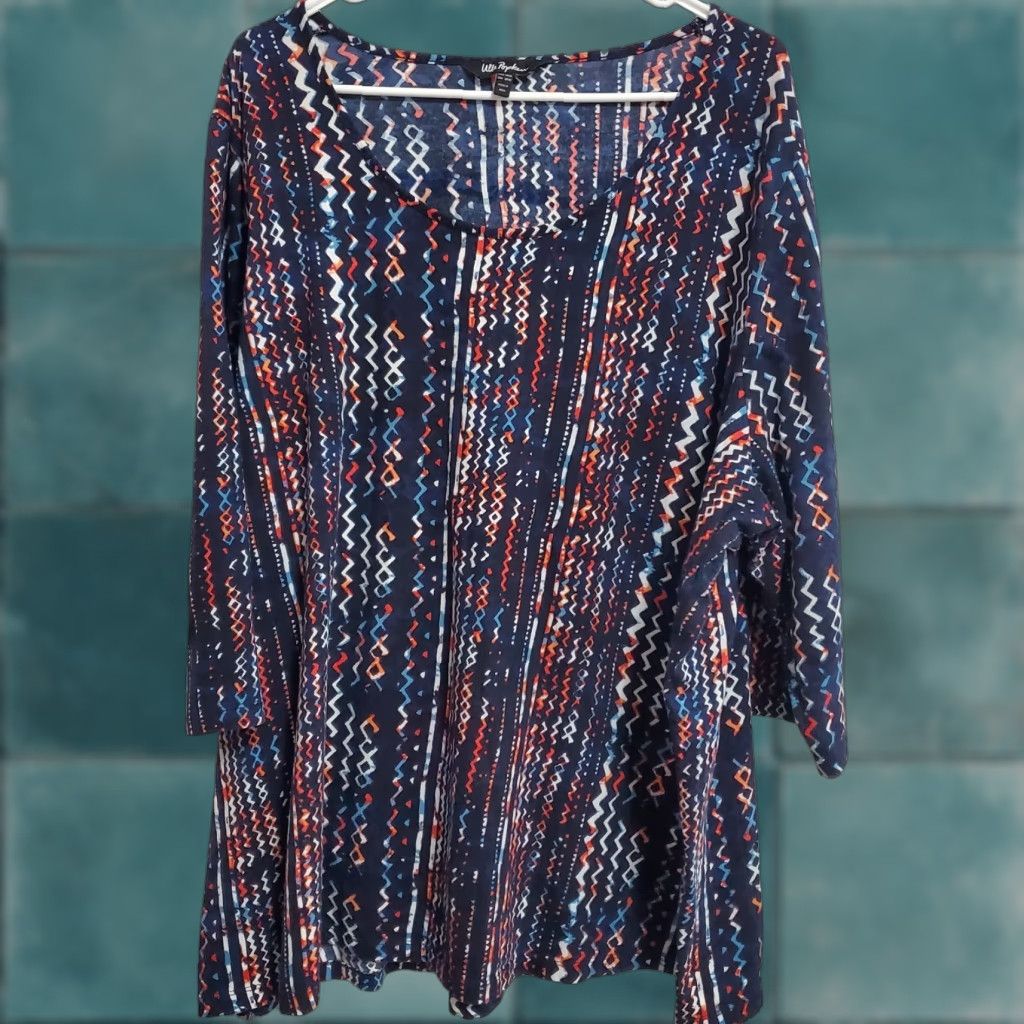 Vintage Ulla Popken Top Women 4X Blue Print Geometric Round Neck 3/4 Sleeve Tunic Boho Size XXL / US 16-18 / IT 52-54 - 1 Thumbnail