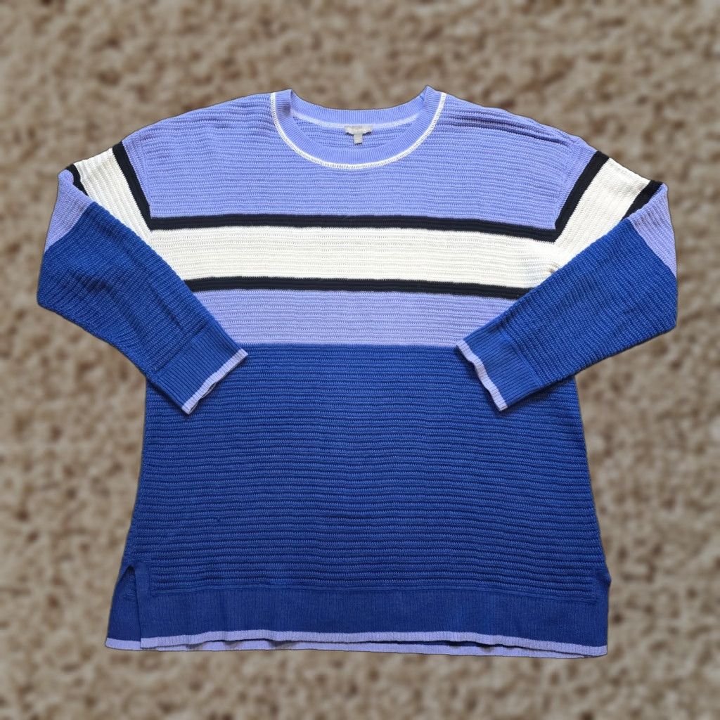 Talbots Talbots Sweater Women XL Blue Stripe Chunky Knit Long Sleeve Stretch Casual | Pullover | Round Neck | Knit Fabric | Regular Fit | Wool-Free? (no) Size XL / US 12-14 / IT 48-50 - 1 Thumbnail