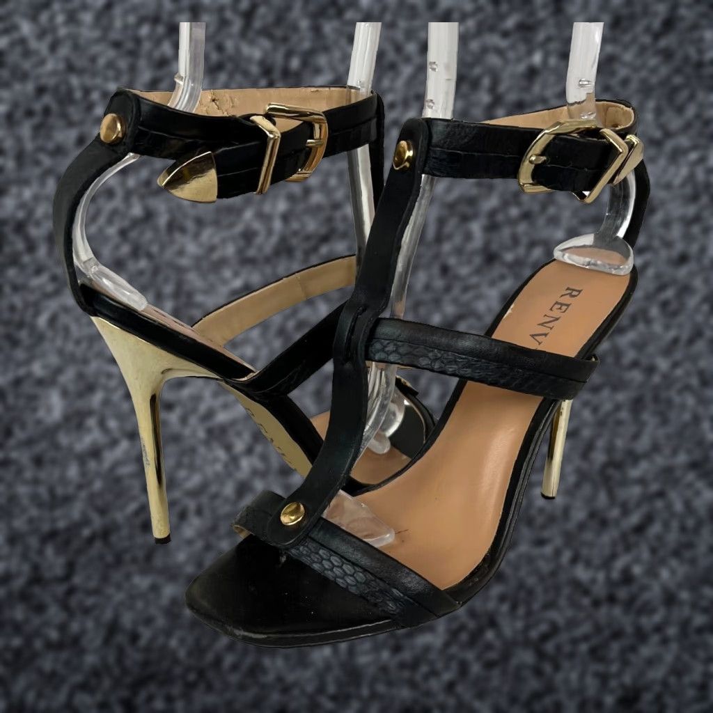 Vintage Renvy Women's Black Leather Caged Stiletto Heel Shoes Size 8 With Gold Hardware - Open Toe, Ultra High Heel, Strappy Sandals For Formal Events