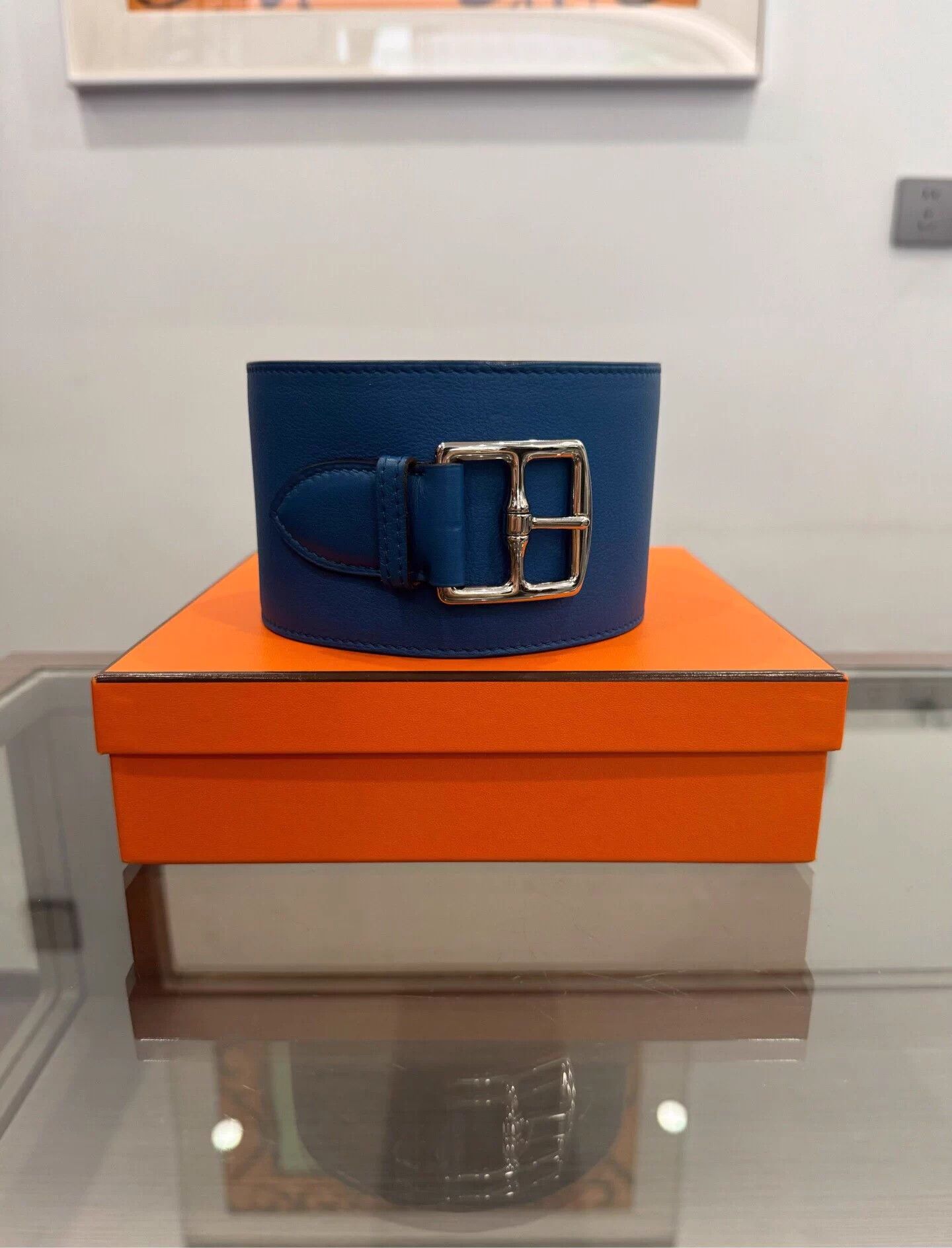 Hermes Hermes 8cm Blue & Brown Silver Embossed Buckle Belt 90cm Size ONE SIZE - 1 Thumbnail