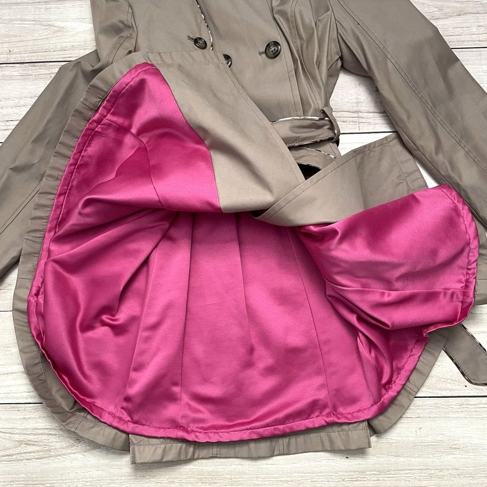 Betsey Johnson Coat Beige Trench Jacket Size S Leopard Trim Steampunk Belted Pockets Women\'s