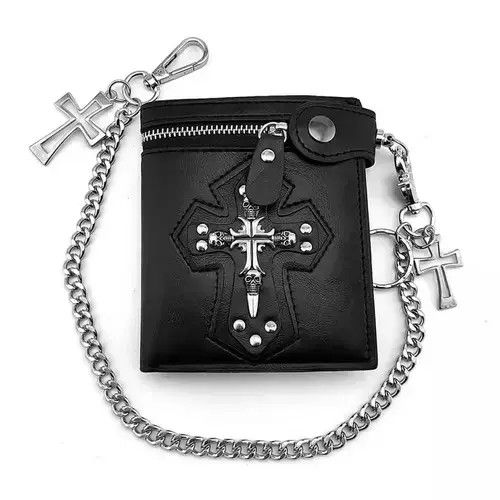 VIBE Cross Clasp Leather Wallet with Antique Biker Chain Size ONE SIZE - 4 Thumbnail